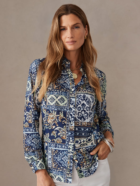 J.McLaughlin Lois shirt in navy/green/brown made with cotton.