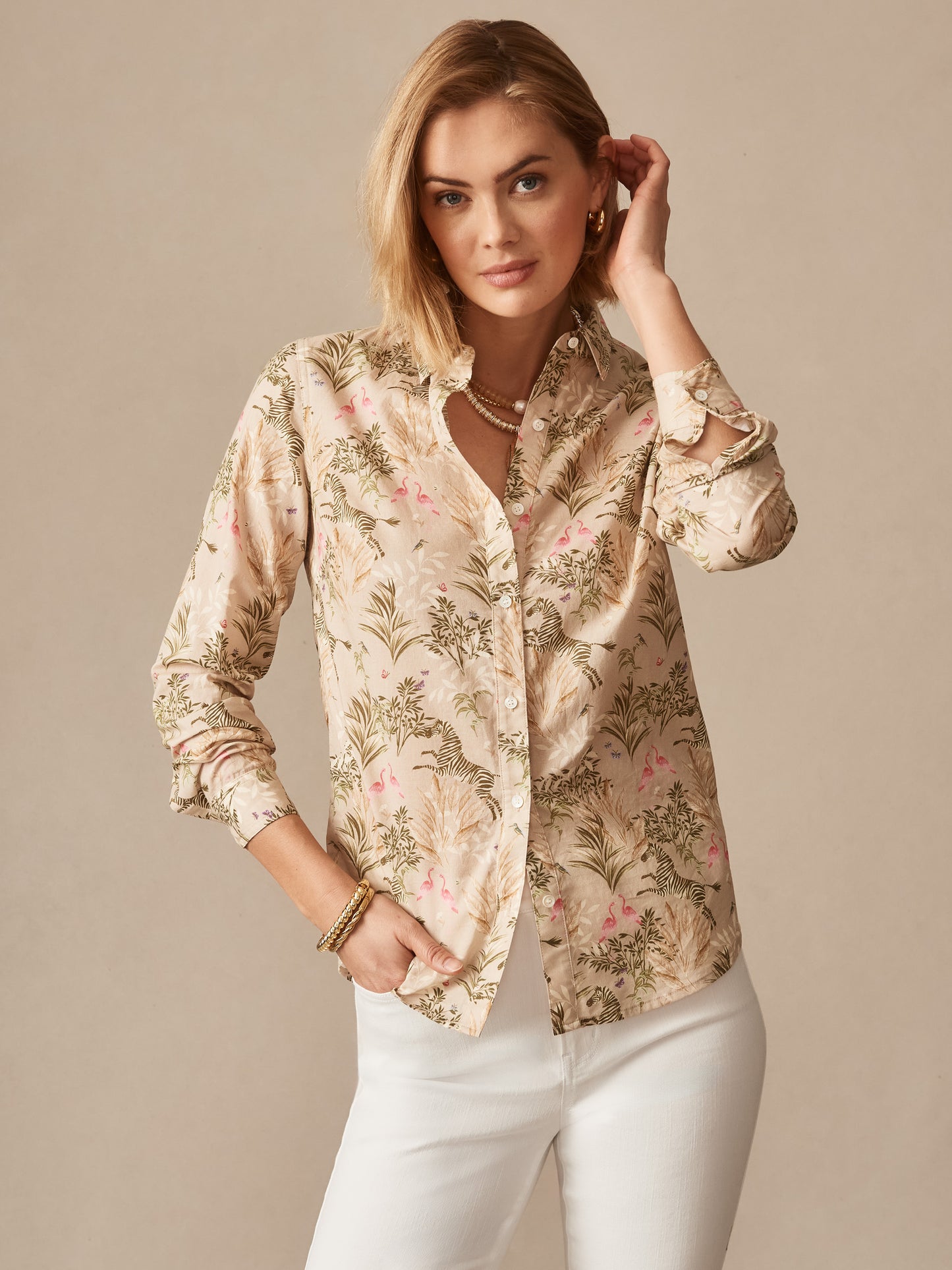 J.McLauighlin Lois shirt in stone/multi made with cotton.