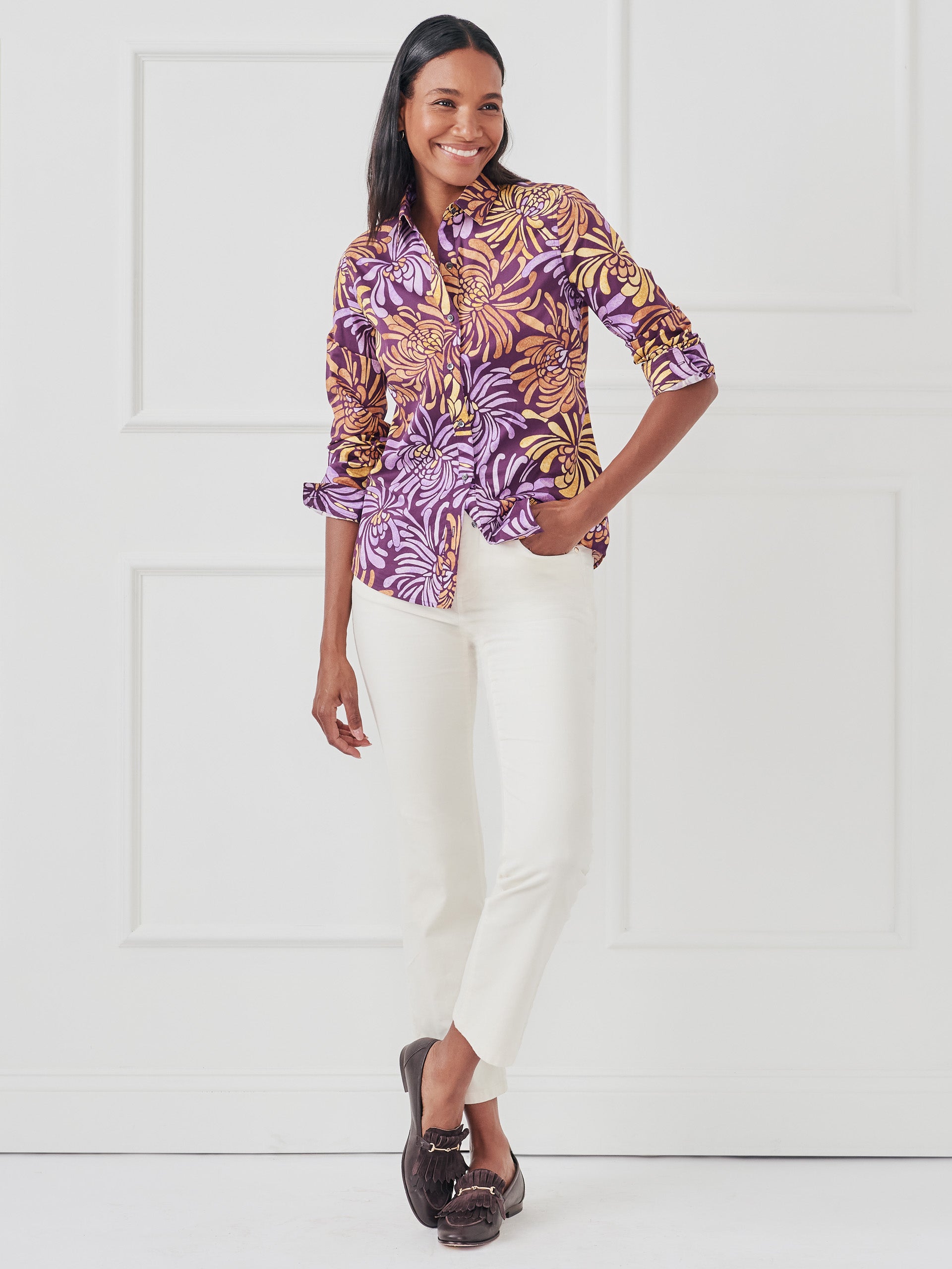 J.McLaughlin Lois shirt in dark purple/ gold made with cotton.