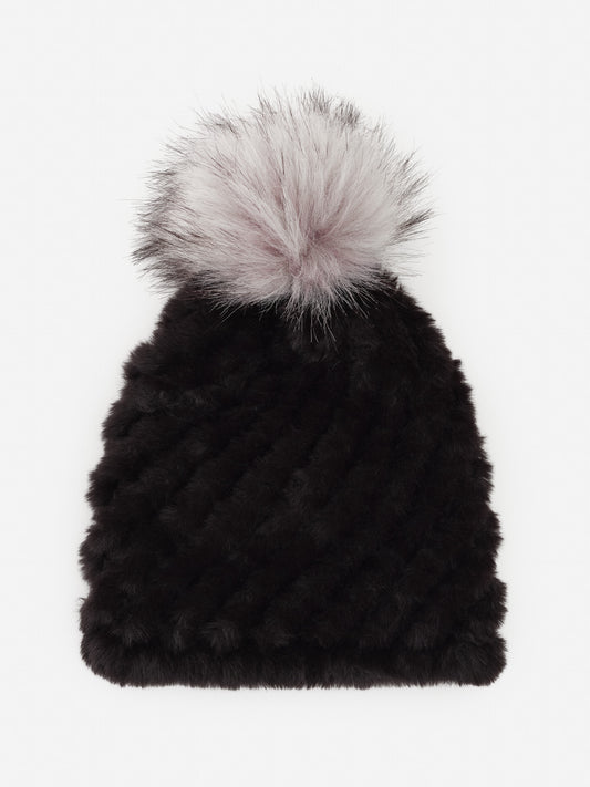 J.McLaughlin Loulou hat in black/grey made with faux fur.