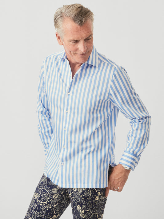 J.McLaughlin Rivera shirt in blue/white made with cotton sateen.