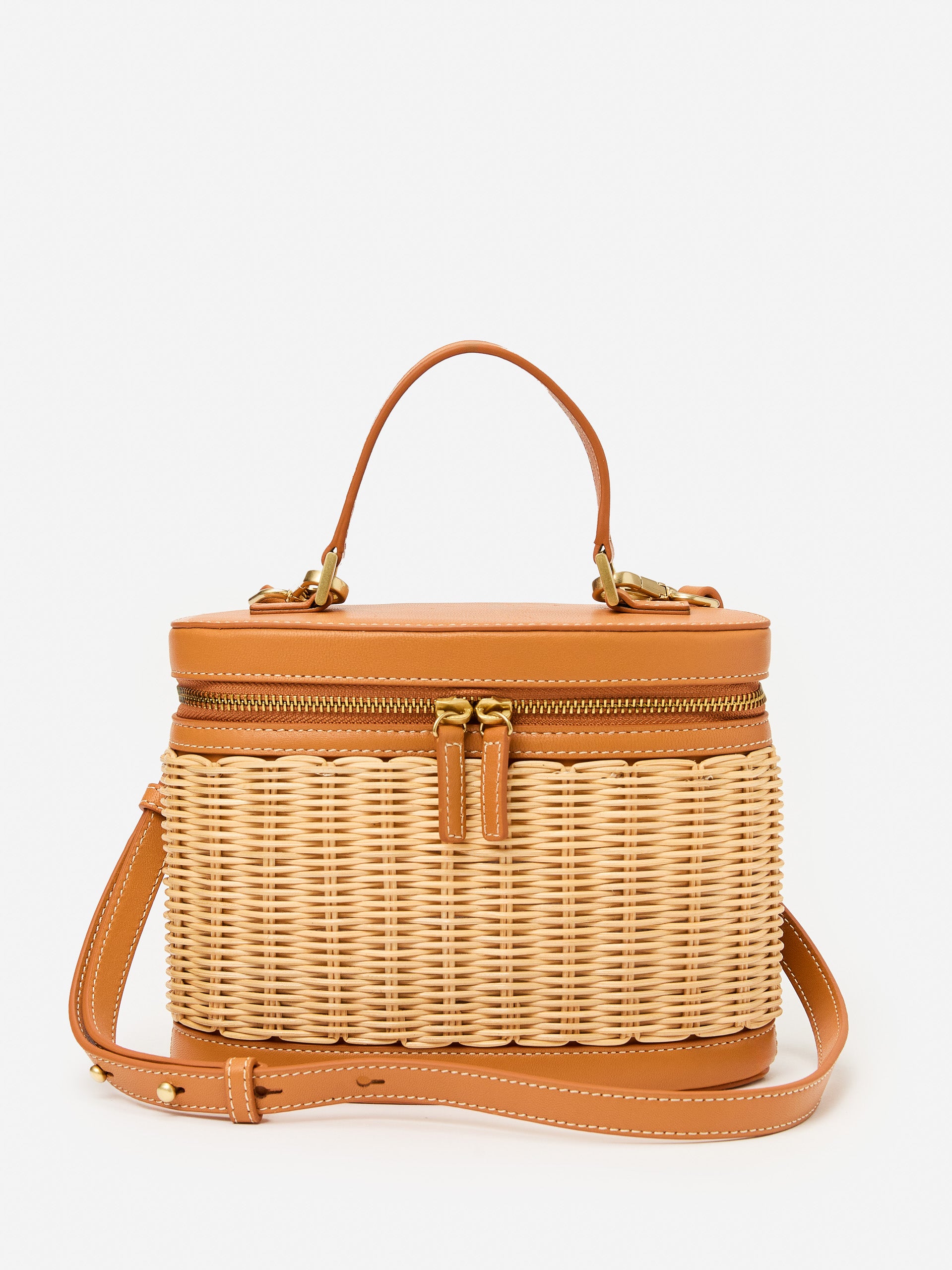 J.McLaughlin Lyla bucket bag in natural made with wicker and leather.