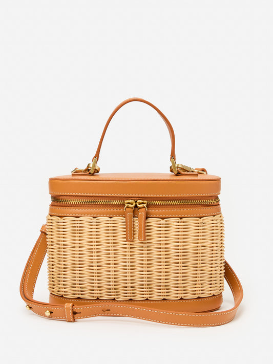 J.McLaughlin Lyla bucket bag in natural made with wicker and leather.