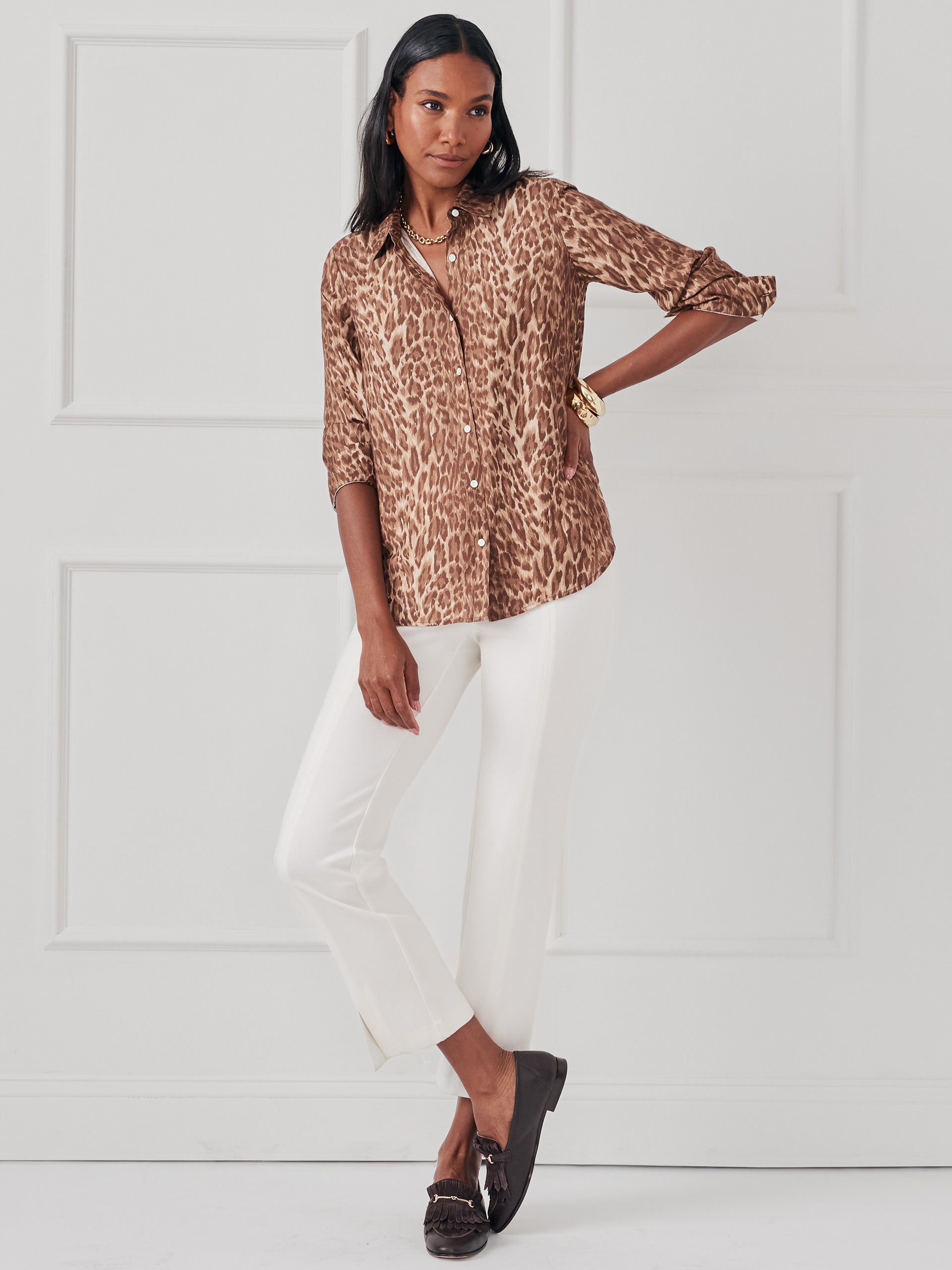 J.McLaughlin Madeline shirt in brown made with silk viscose.