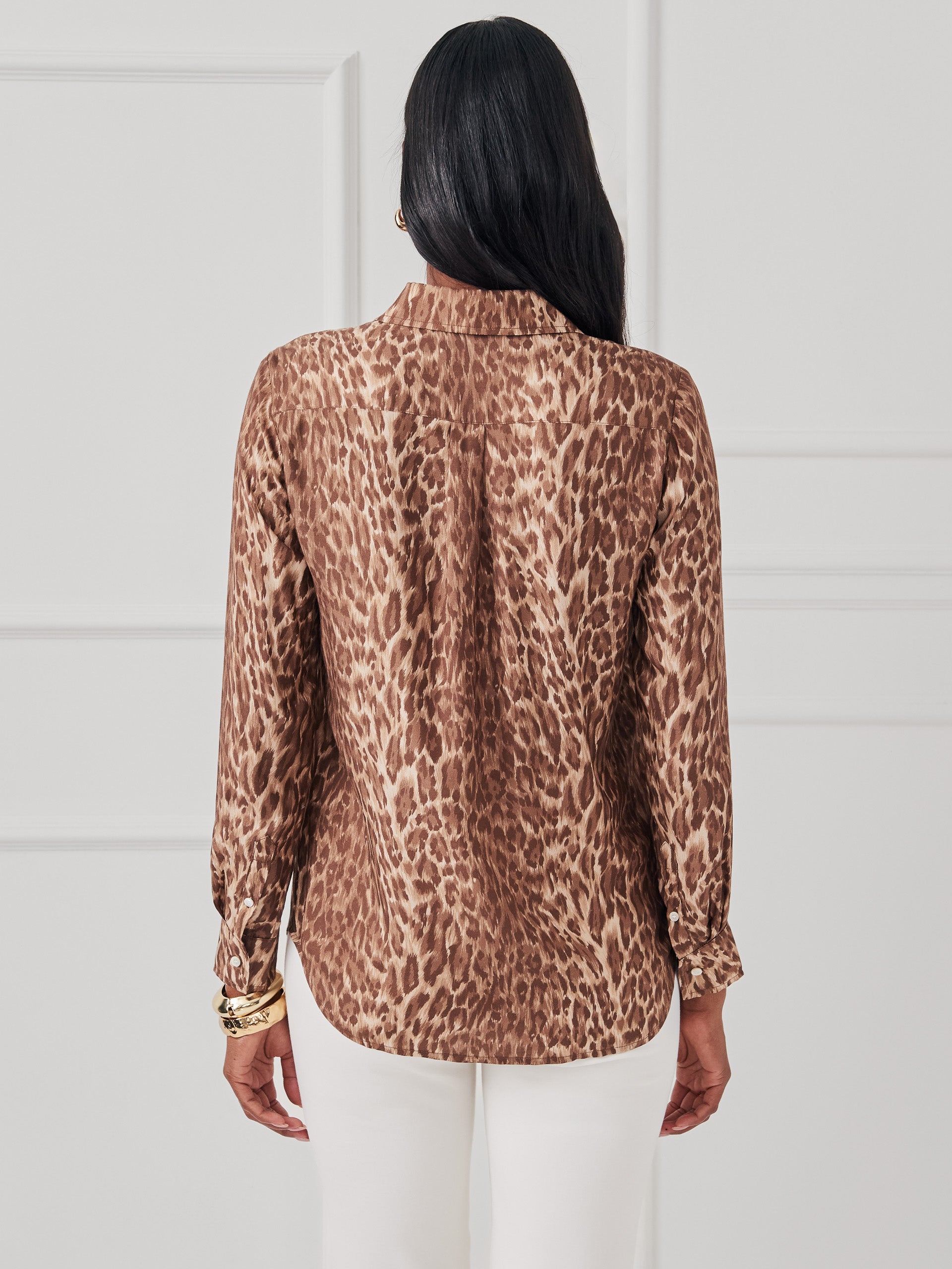J.McLaughlin Madeline shirt in brown made with silk viscose.