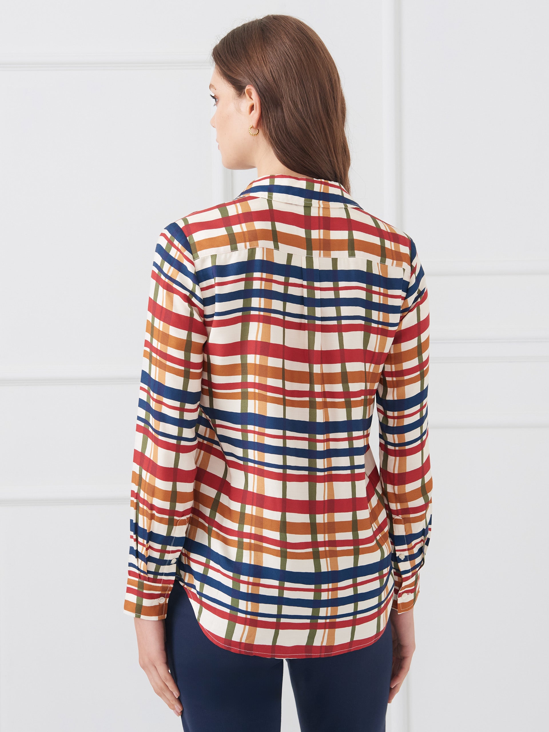 J.McLaughlin Madeline shirt in off white/multi made with silk viscose.