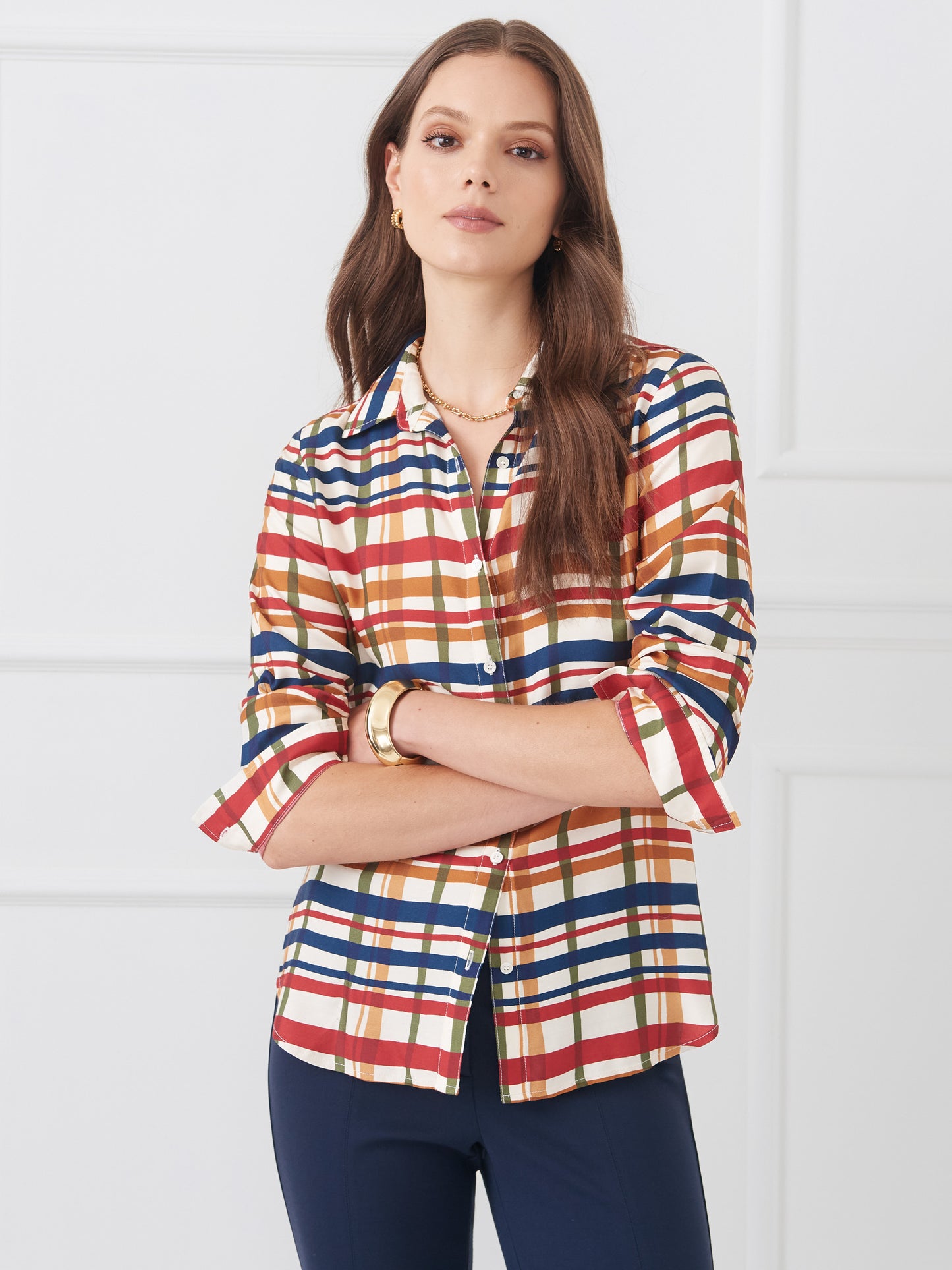 J.McLaughlin Madeline shirt in off white/multi made with silk viscose.
