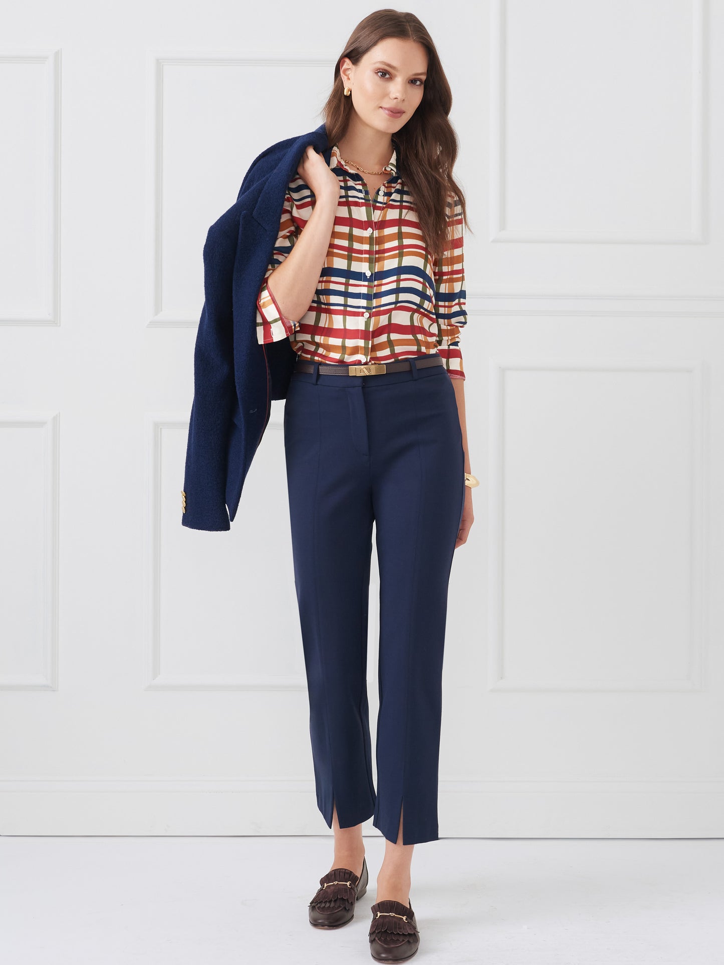 J.McLaughlin Madeline shirt in off white/multi made with silk viscose.