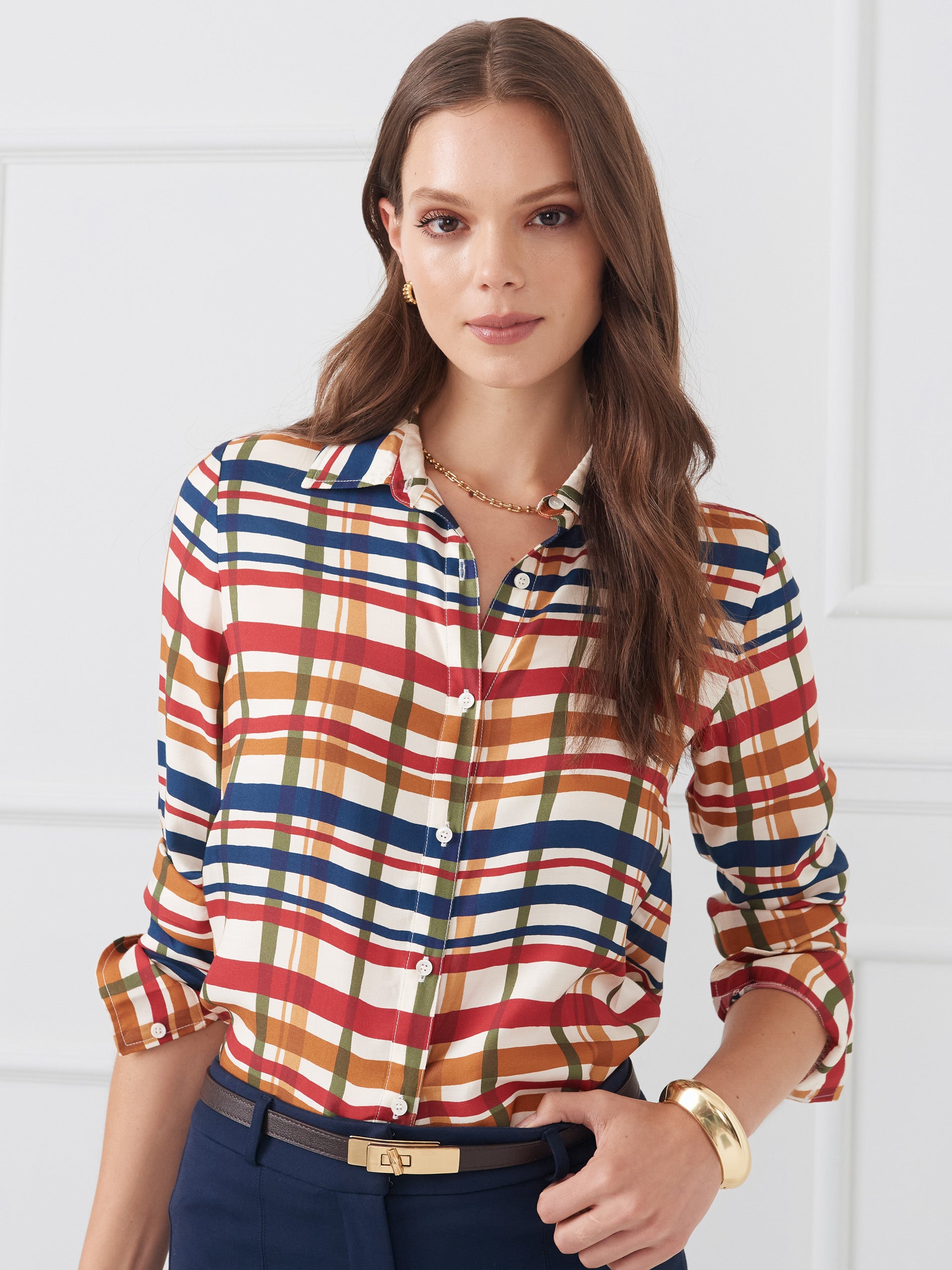 J.McLaughlin Madeline shirt in off white/multi made with silk viscose.
