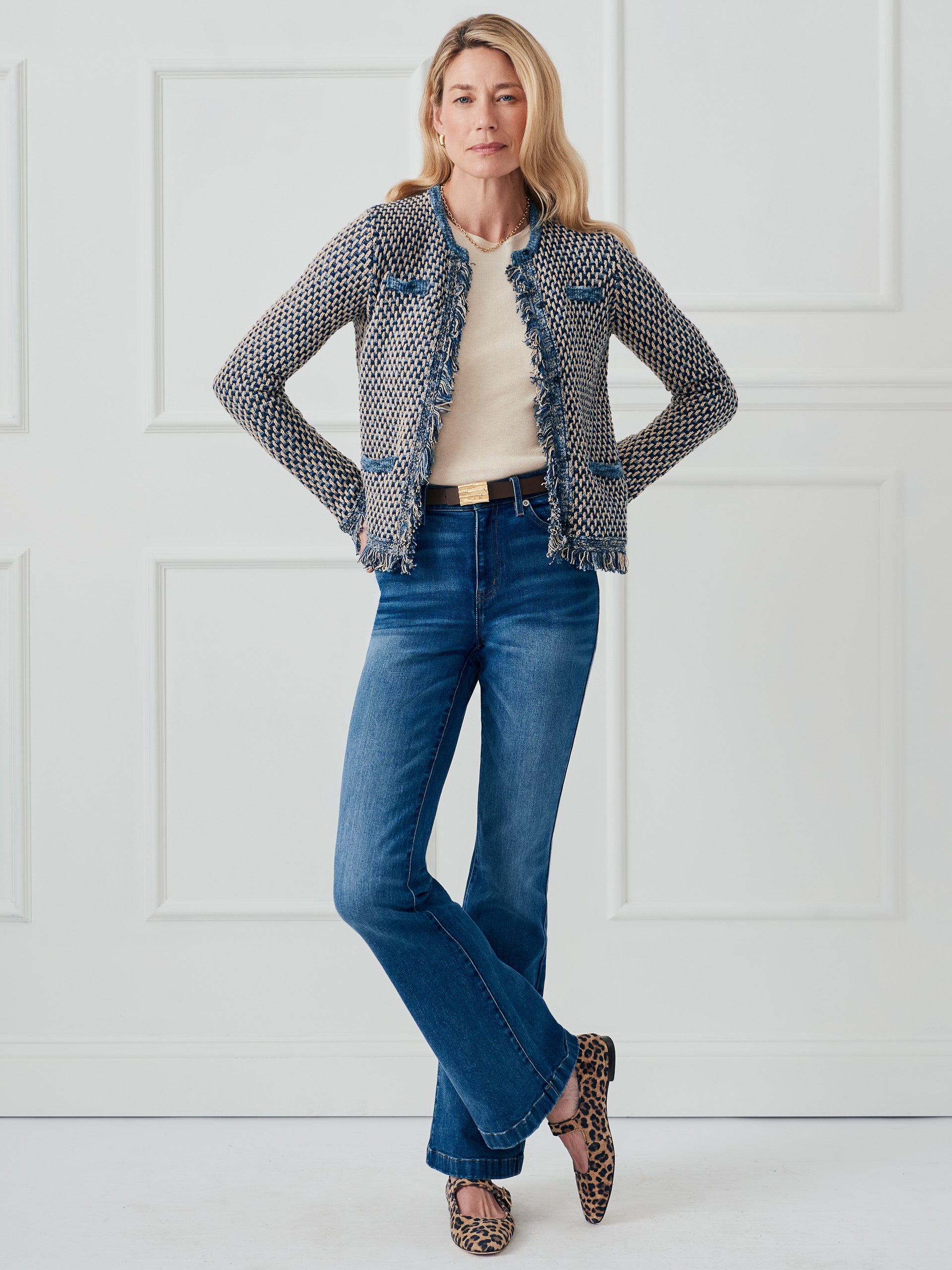 J.McLaughlin Marceline sweater in denim/tan made with cotton. 