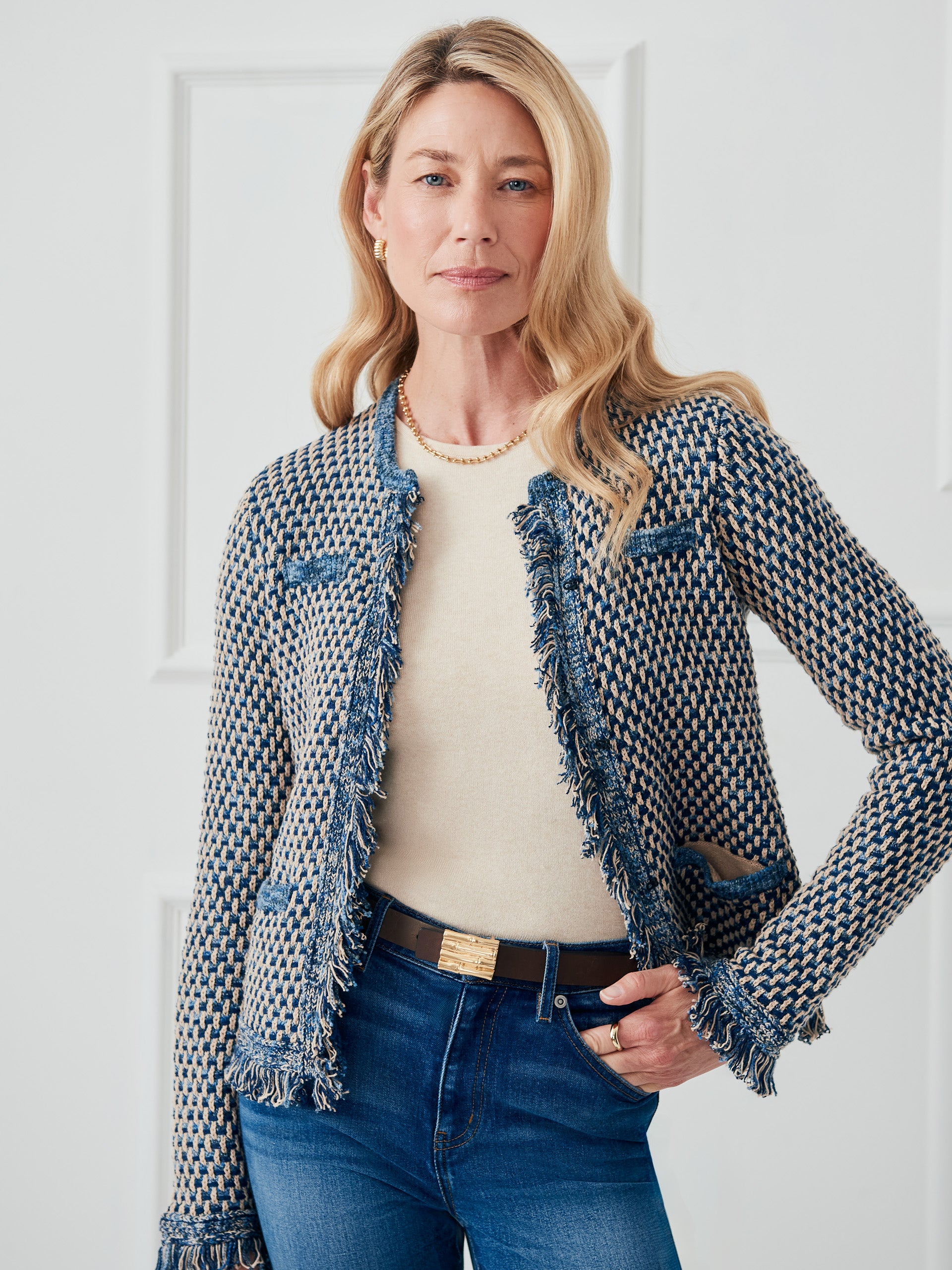 J.McLaughlin Marceline sweater in denim/tan made with cotton. 