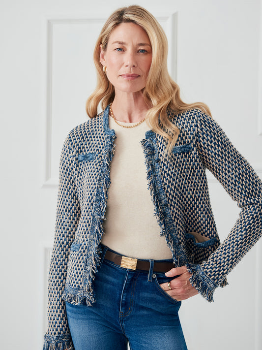 J.McLaughlin Marceline sweater in denim/tan made with cotton. 