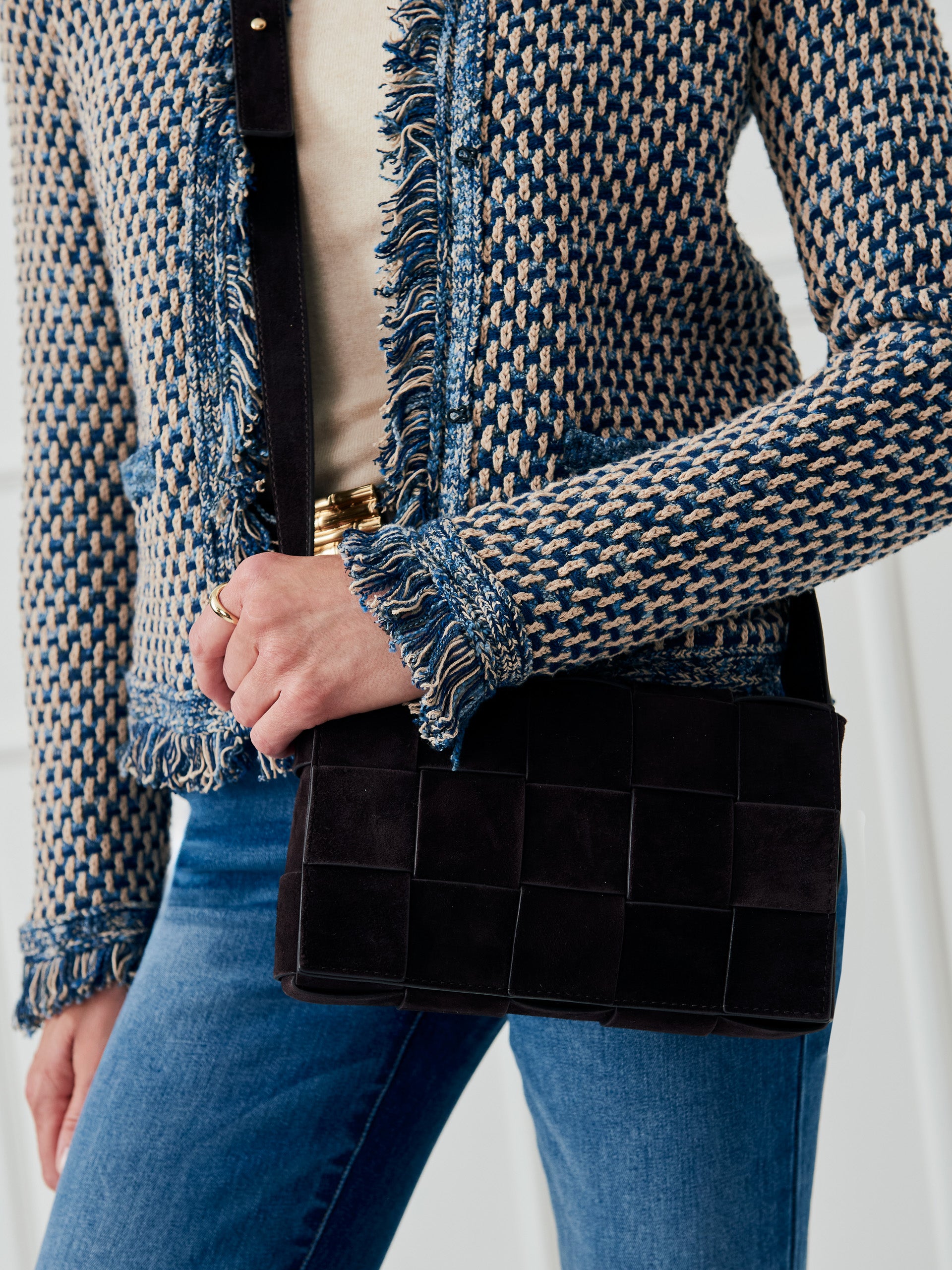 J.McLaughlin Una crossbody in dark brown made with suede.