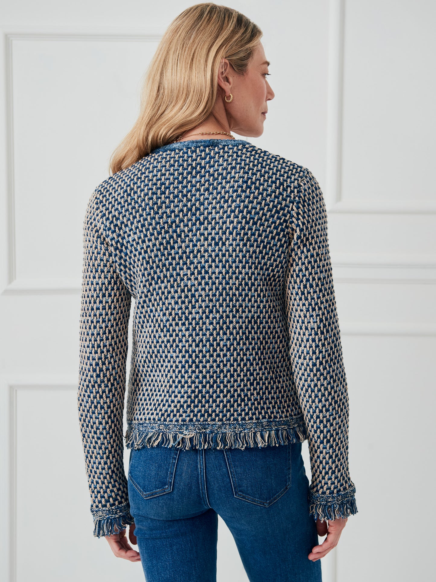 J.McLaughlin Marceline sweater in denim/tan made with cotton. 
