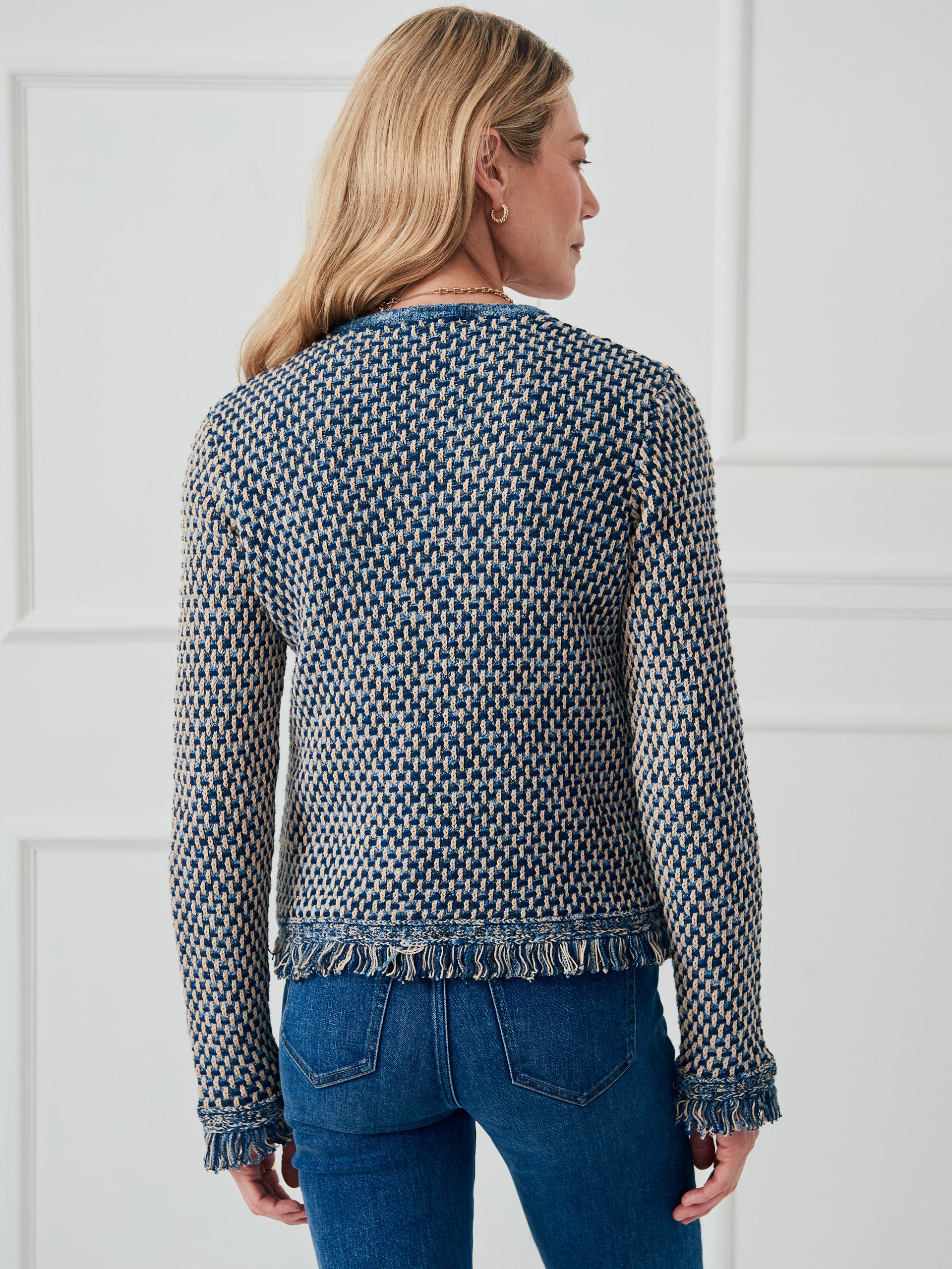 J.McLaughlin Marceline sweater in denim/tan made with cotton. 
