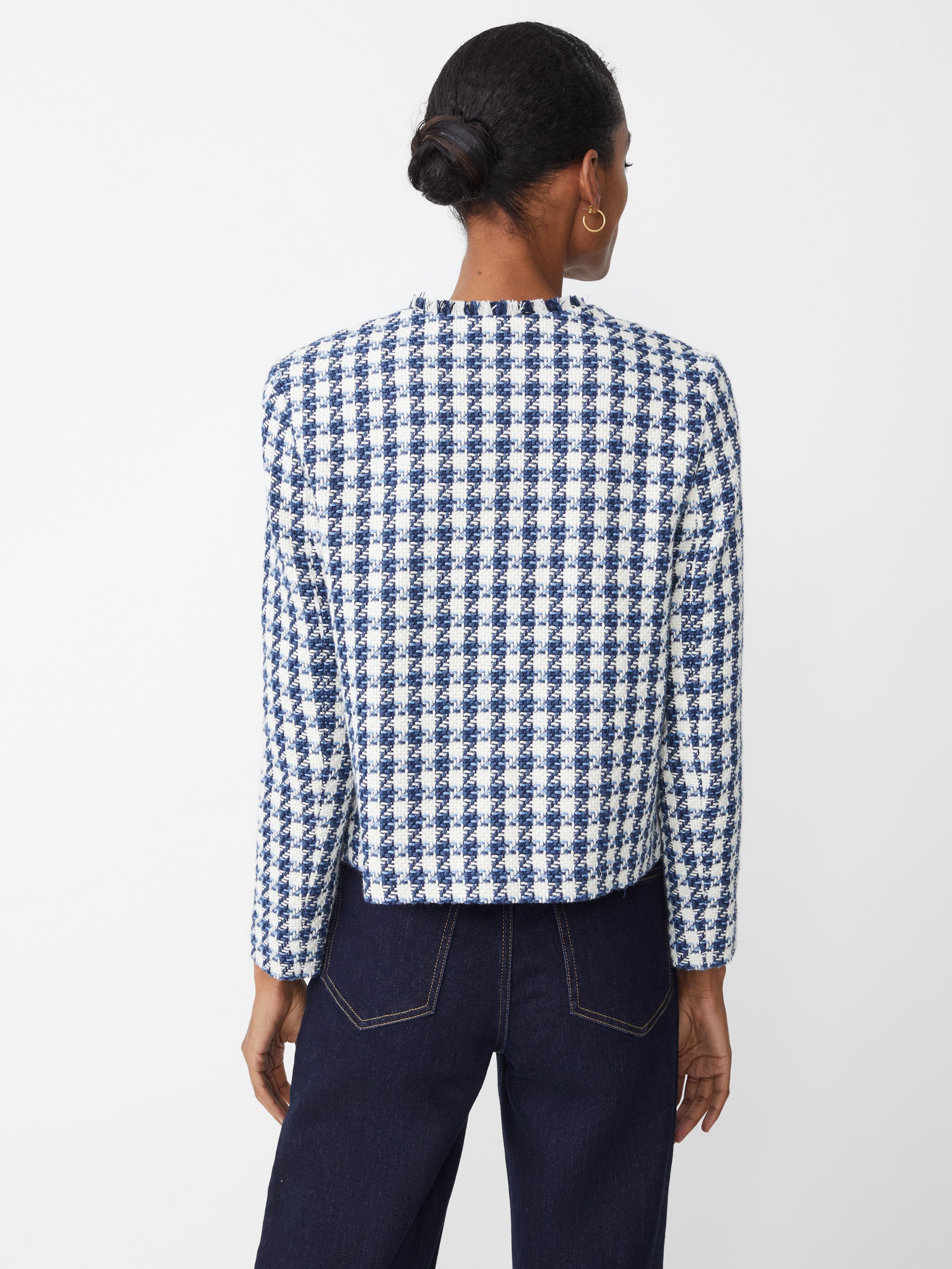 J.McLaughlin Martha jacket in white/navy/light blue made with poly cotton tweed.