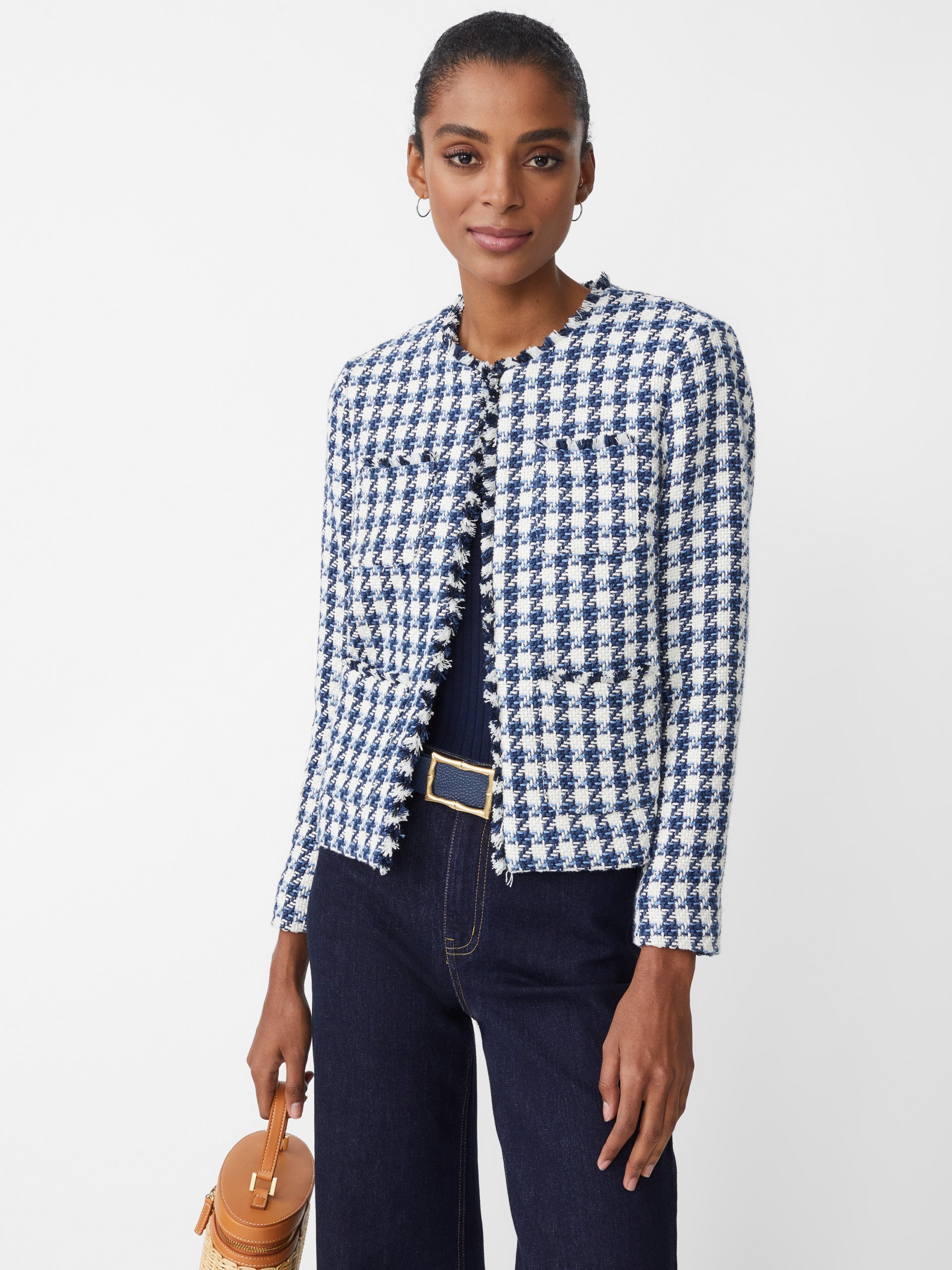 J.McLaughlin Martha jacket in white/navy/light blue made with poly cotton tweed.