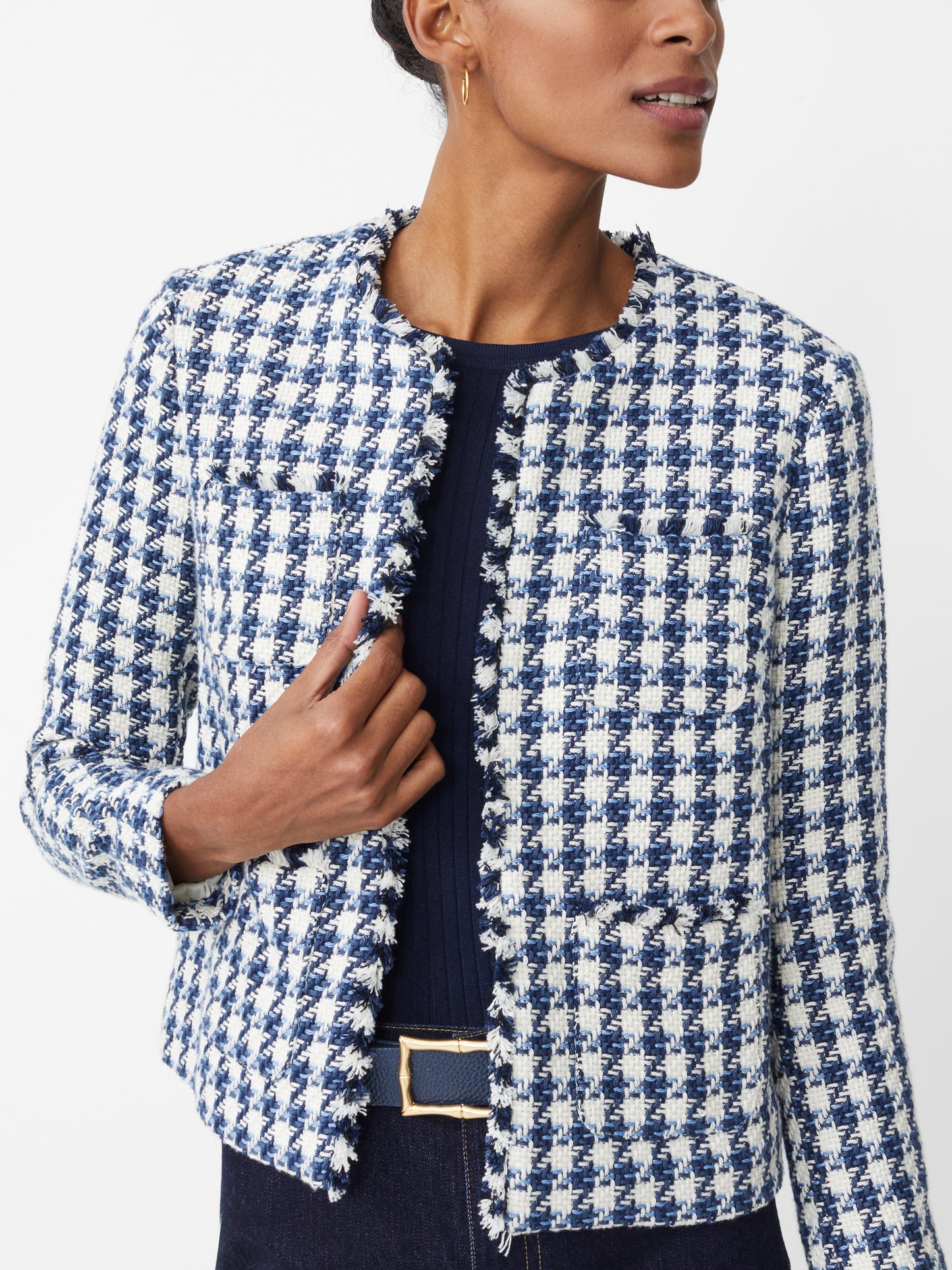 J.McLaughlin Martha jacket in white/navy/light blue made with poly cotton tweed.