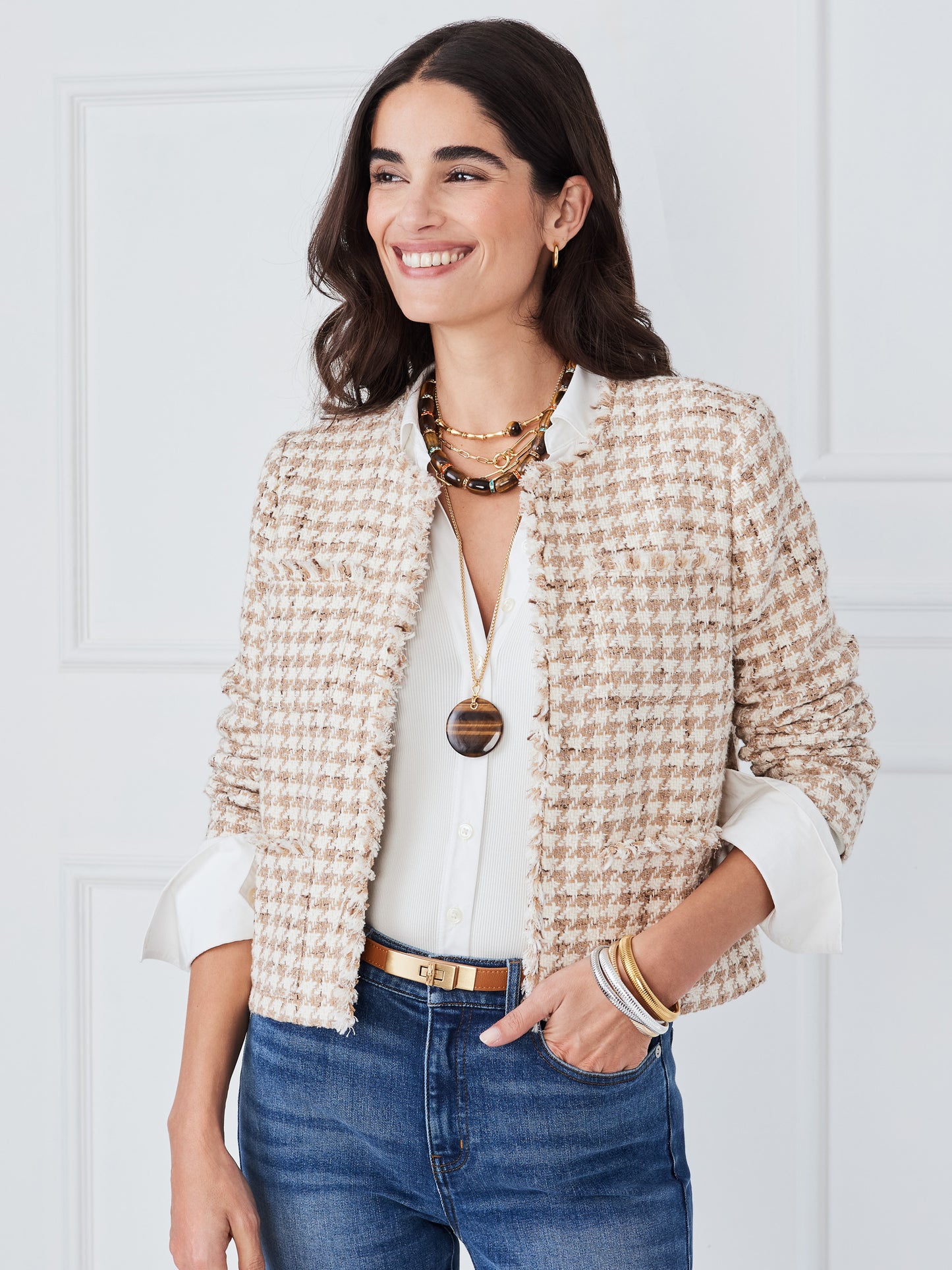 J.McLaughlin Martha jacket in white/taupe made with cotton/tweed.