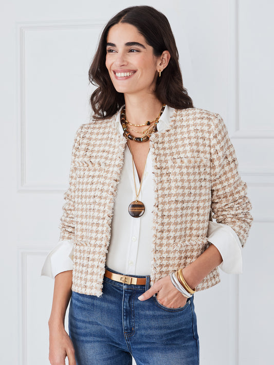J.McLaughlin Martha jacket in white/taupe made with cotton/tweed.
