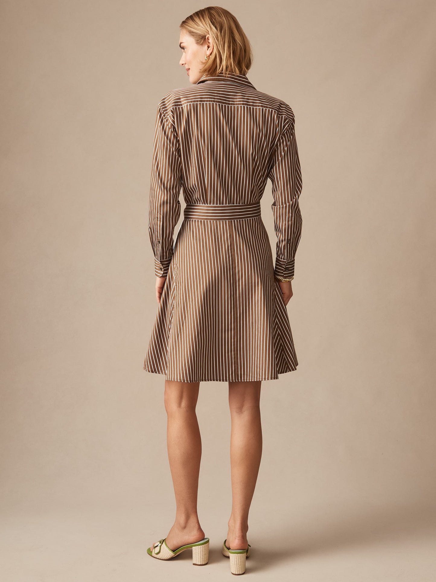 Back view of a woman wearing the Mary Dress in Stripe by J.McLaughlin, featuring brown and white stripes with a belted waist, showcasing effortlessly stylish, enduring designs and a legacy of timeless fashion. A destination for defining style. Life, Well-Lived.