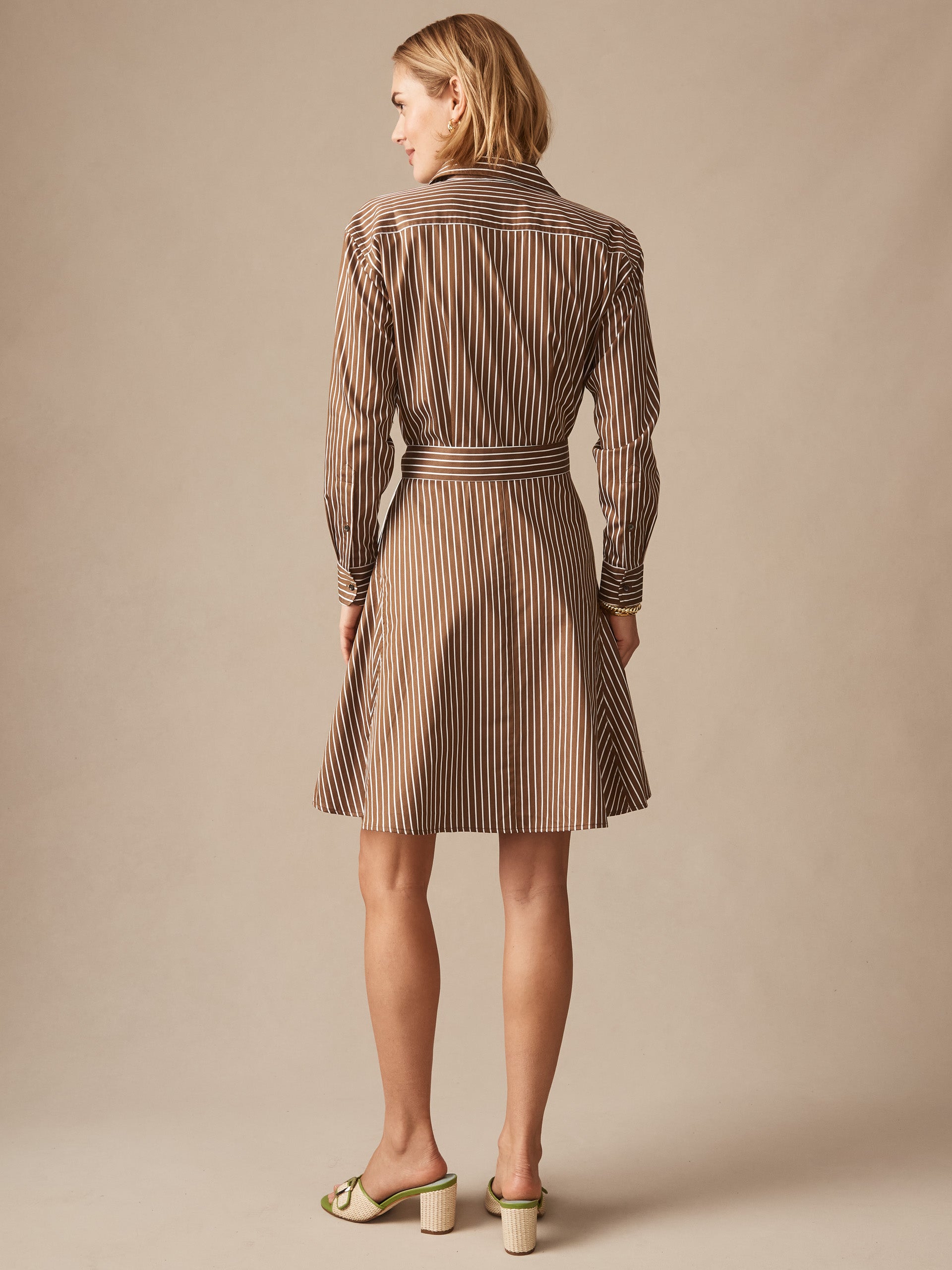Back view of a woman wearing the Mary Dress in Stripe by J.McLaughlin, featuring brown and white stripes with a belted waist, showcasing effortlessly stylish, enduring designs and a legacy of timeless fashion. A destination for defining style. Life, Well-Lived.