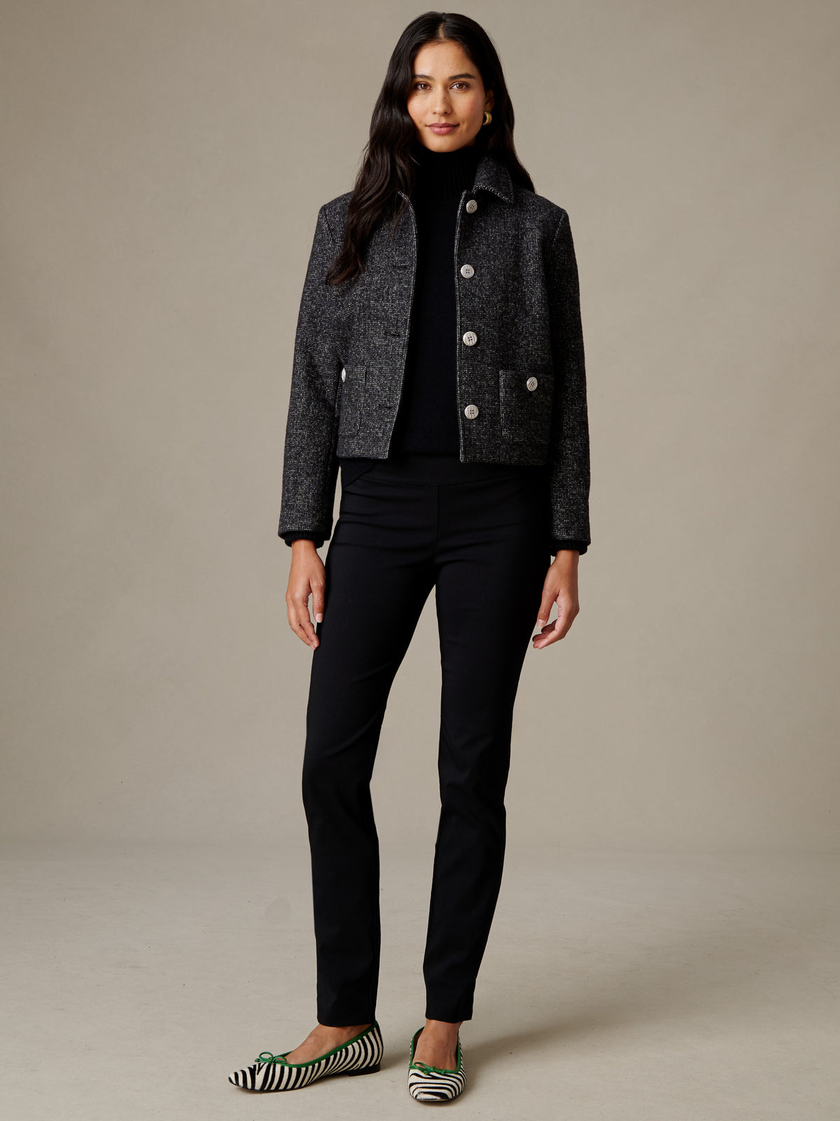 J.McLaughlin Masie Pants in black styled with a cropped jacket and striped flats for a polished timeless look