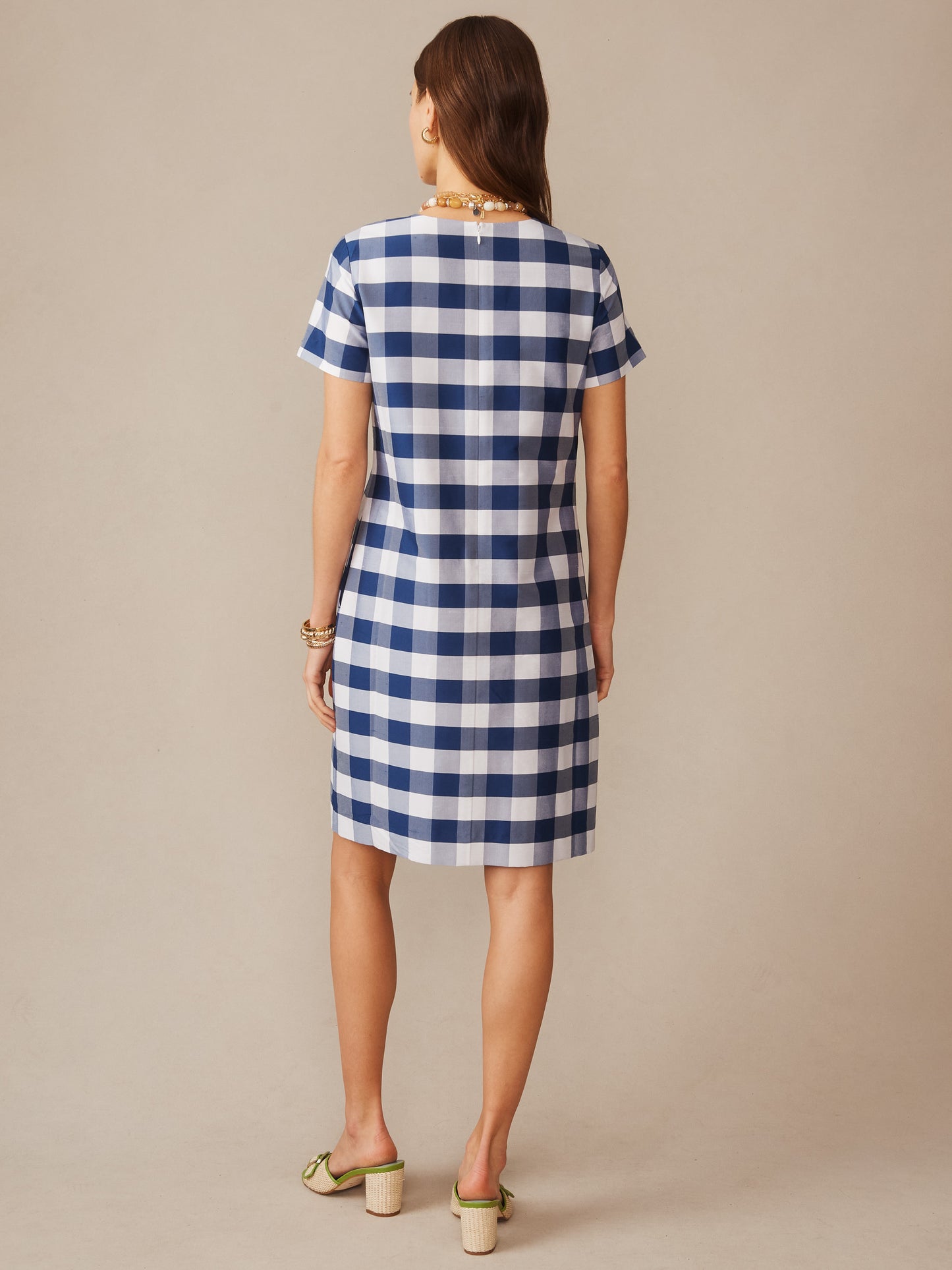 Woman modeling the Scarlett Silk Blend Dress in Gingham by J.McLaughlin, shown from the back featuring a classic blue and white check pattern, effortlessly stylish in innovative fabrics reflecting enduring designs.