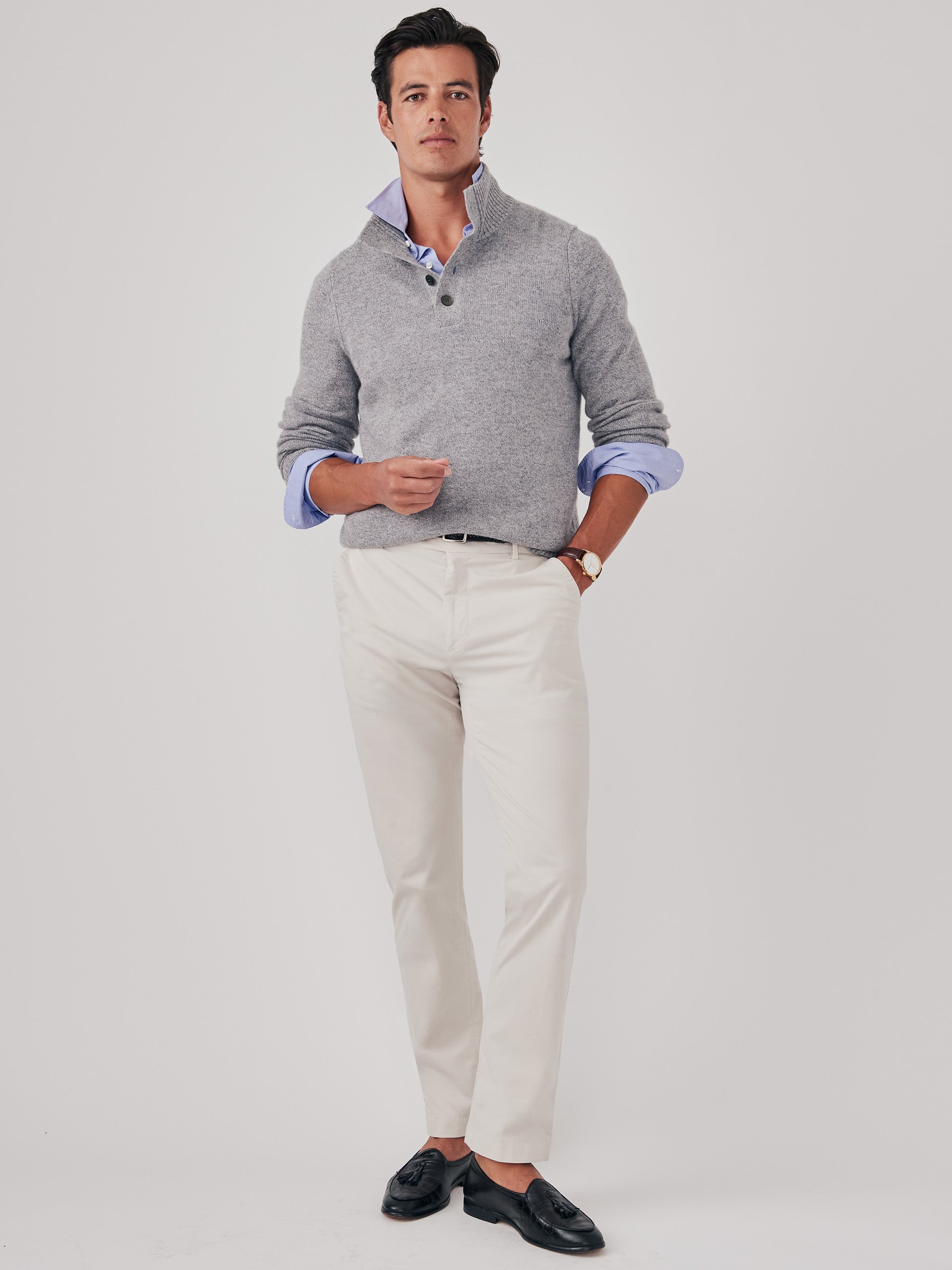 J.McLaughlin Mock Neck henley sweater in light heather grey made with cashmere.