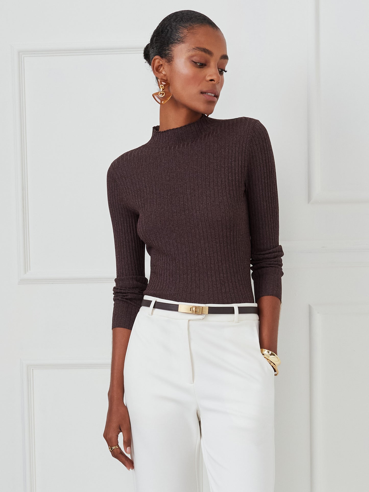 J.McLaughlin Maeve top in brown made with viscose/nylon.