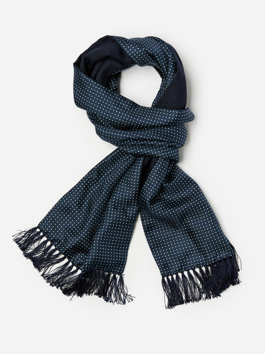 J.McLaughlin Men's scarf in navy/ivory made with silk and wool.