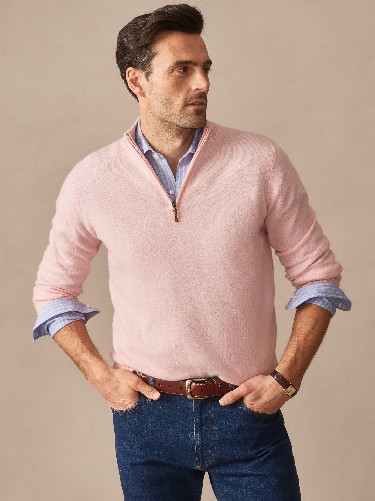 J.McLaughlin Henry sweater in heather pink made with cashmere