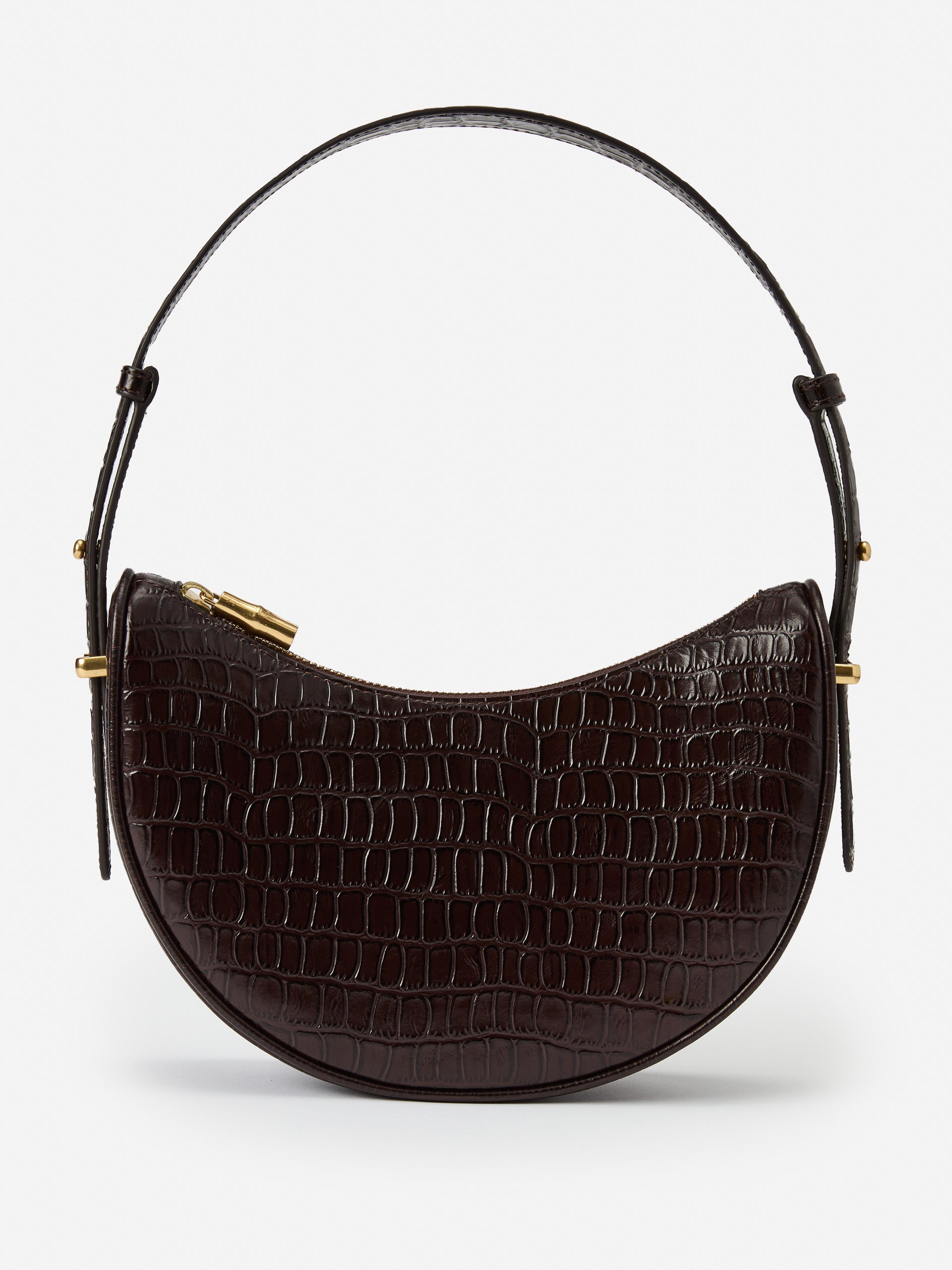 J.McLaughlin Mezzaluna bag in dark brown made with crocodile. 