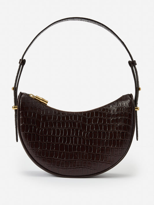 J.McLaughlin Mezzaluna bag in dark brown made with crocodile. 
