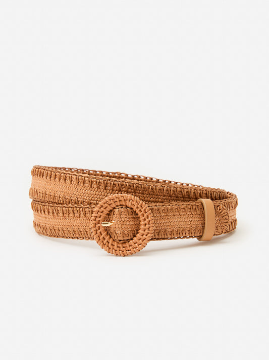 J.McLaughlin Mini Popie belt in pecan made with grasscloth and rattan.