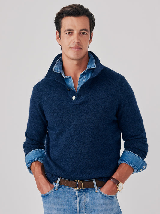 J.McLaughlin Mock Neck Henley sweater in navy/denim made with cashmere.