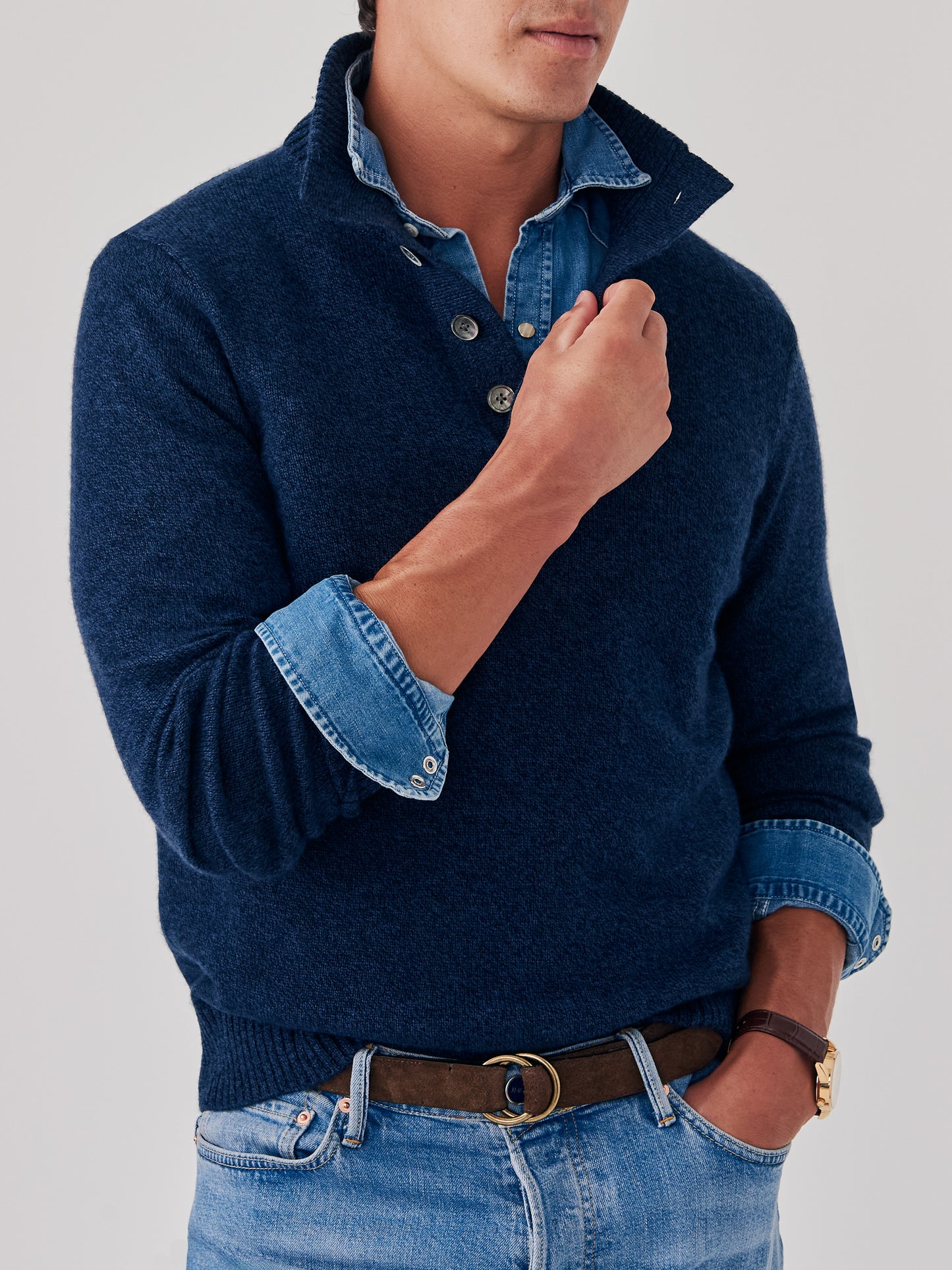 J.McLaughlin Mock Neck Henley sweater in navy/denim made with cashmere.