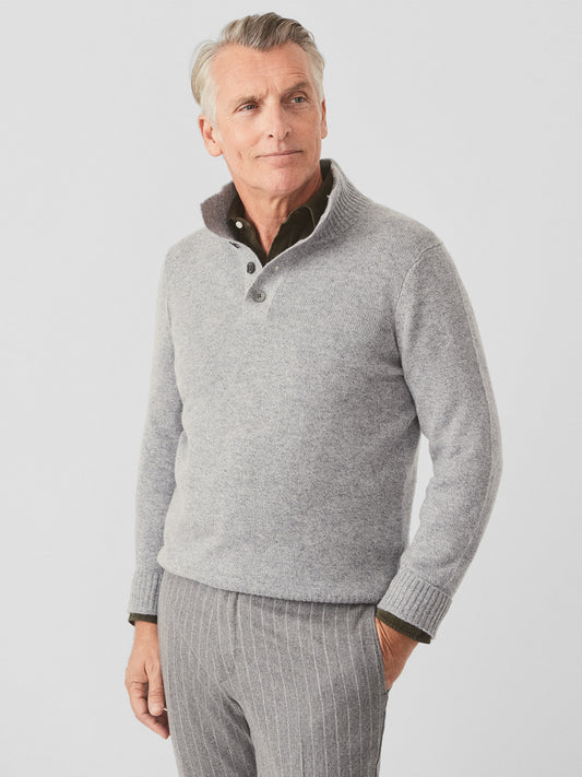 J.McLaughlin Mock Neck henley sweater in light heather grey made with cashmere.