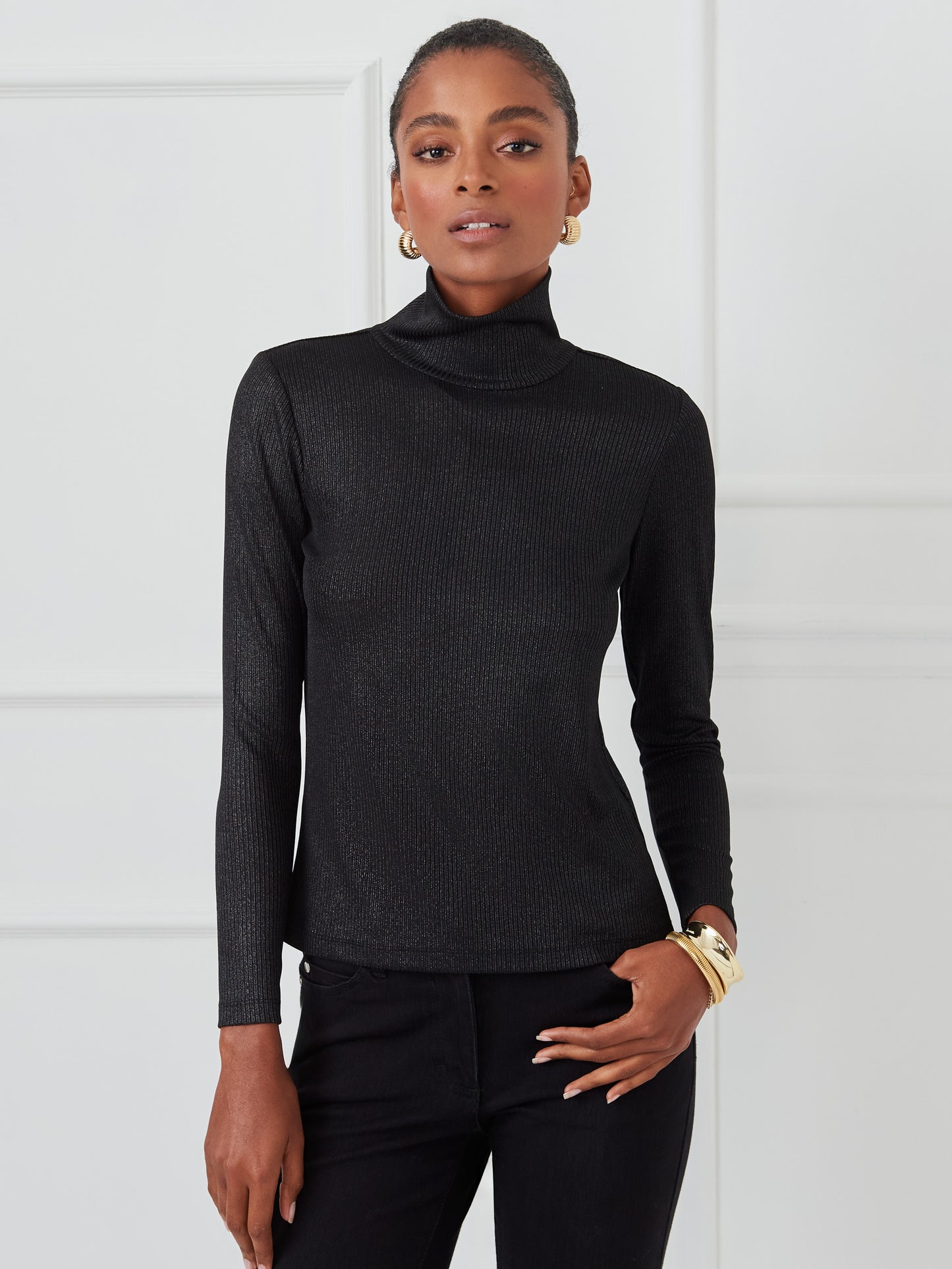 J.McLaughlin Nadia turtleneck in black/silver made with metallic ribbed knit fabric.