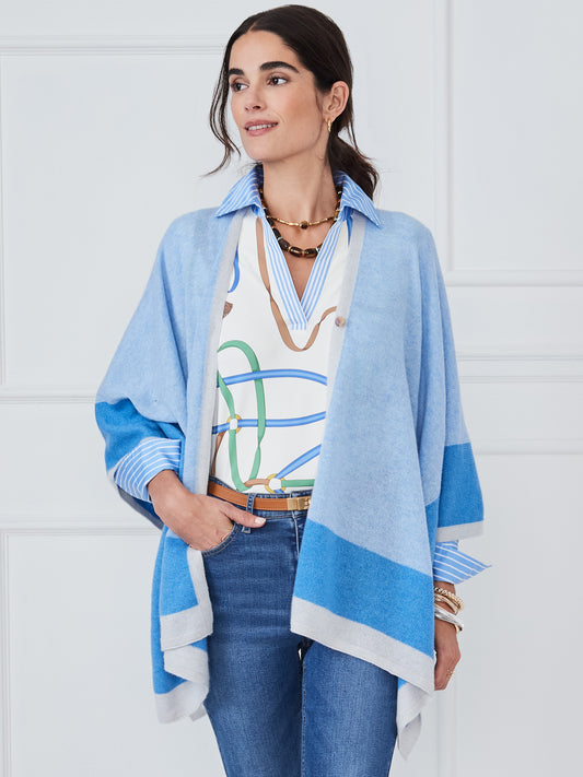 J.McLaughlin Naomi wrap in blue/denim/off white made with cashmere.