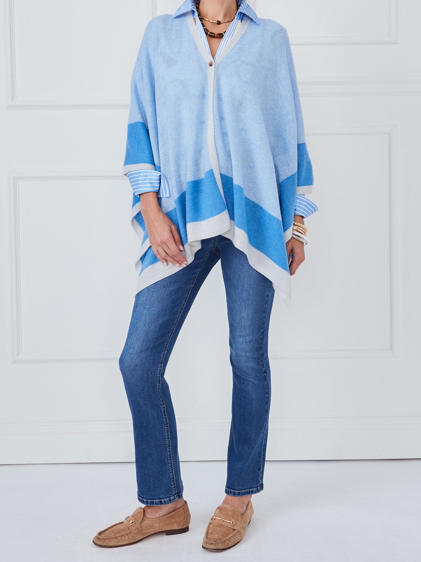 J.McLaughlin Naomi wrap in blue/denim/off white made with cashmere.