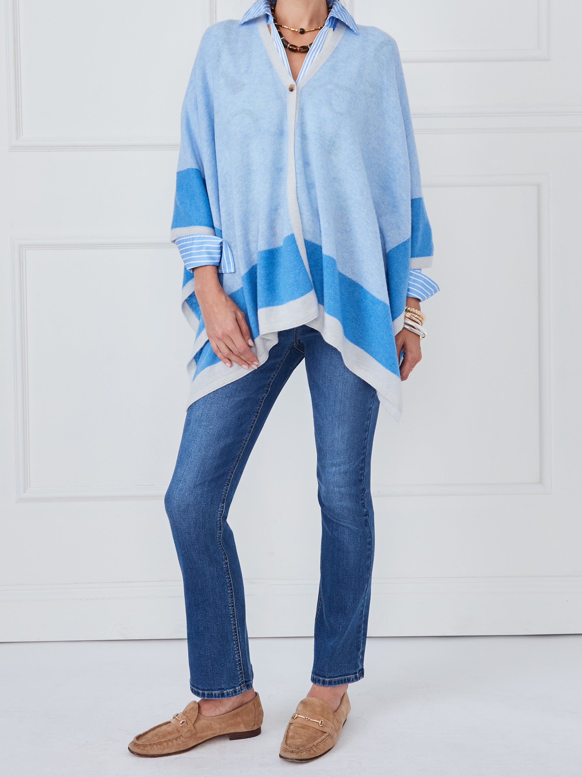 J.McLaughlin Naomi wrap in blue/denim/off white made with cashmere.