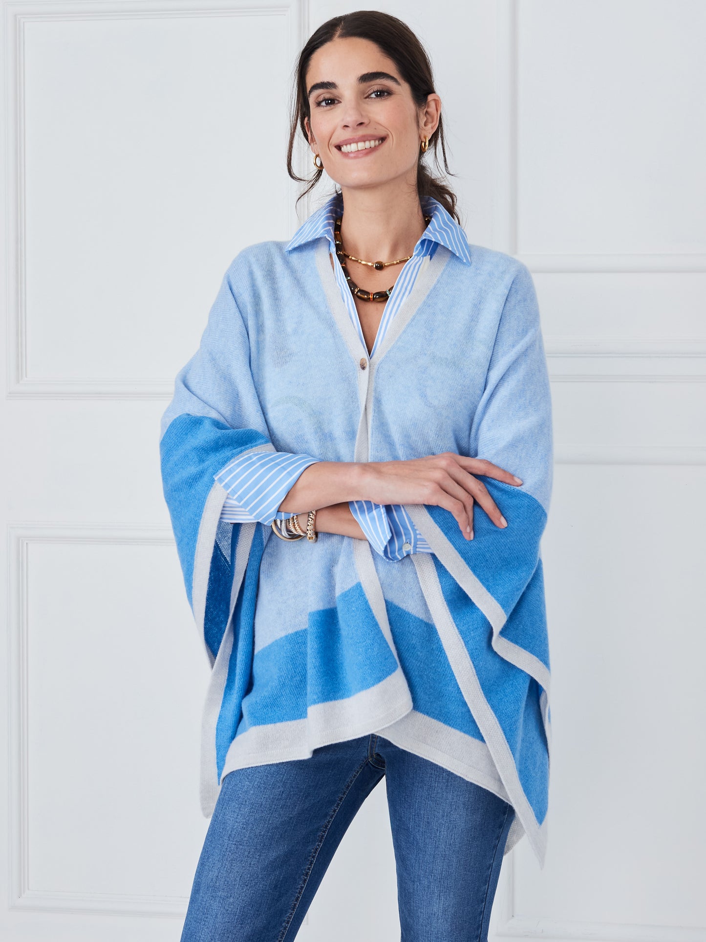 J.McLaughlin Naomi wrap in blue/denim/off white made with cashmere.