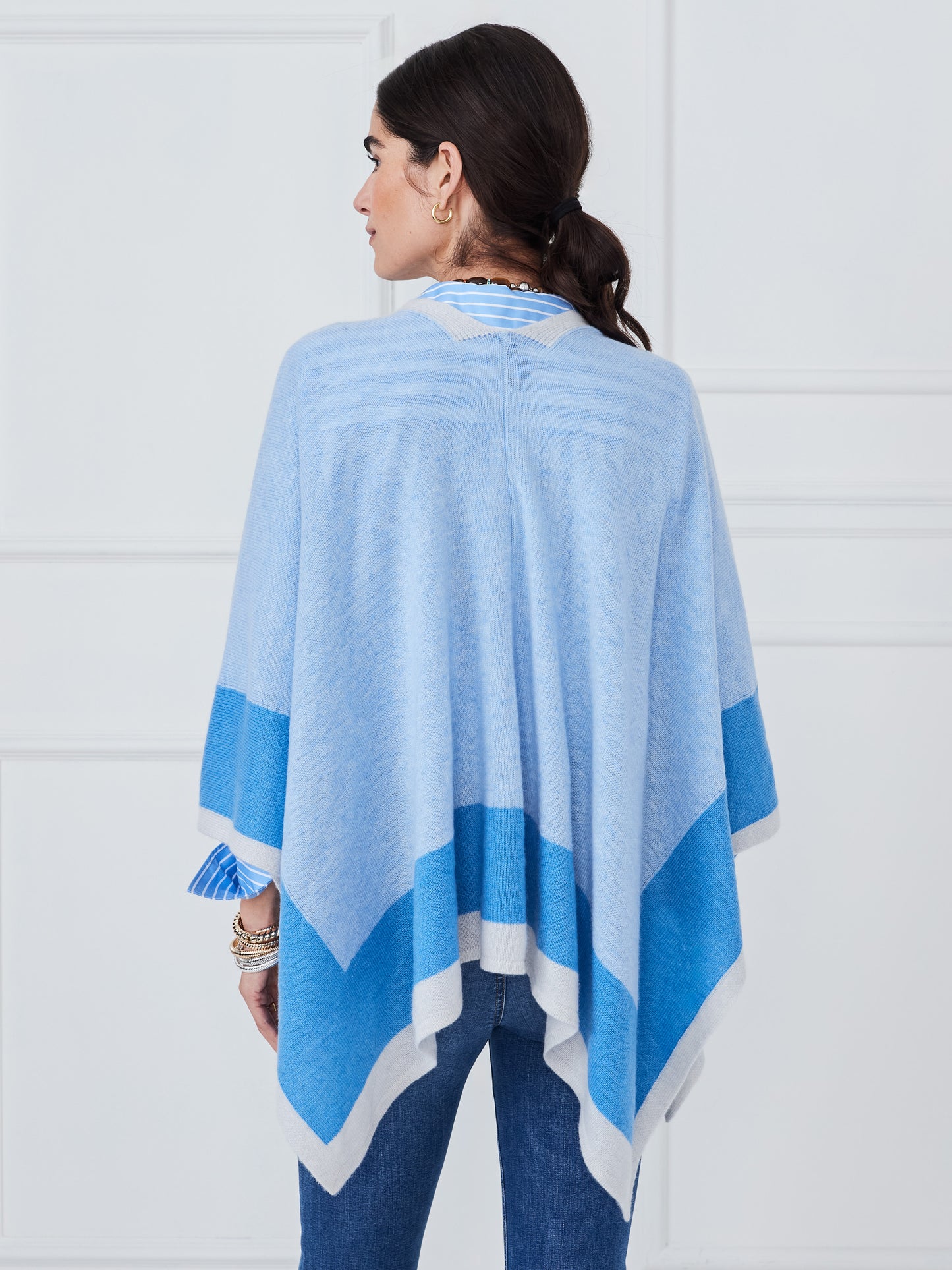 J.McLaughlin Naomi wrap in blue/denim/off white made with cashmere.