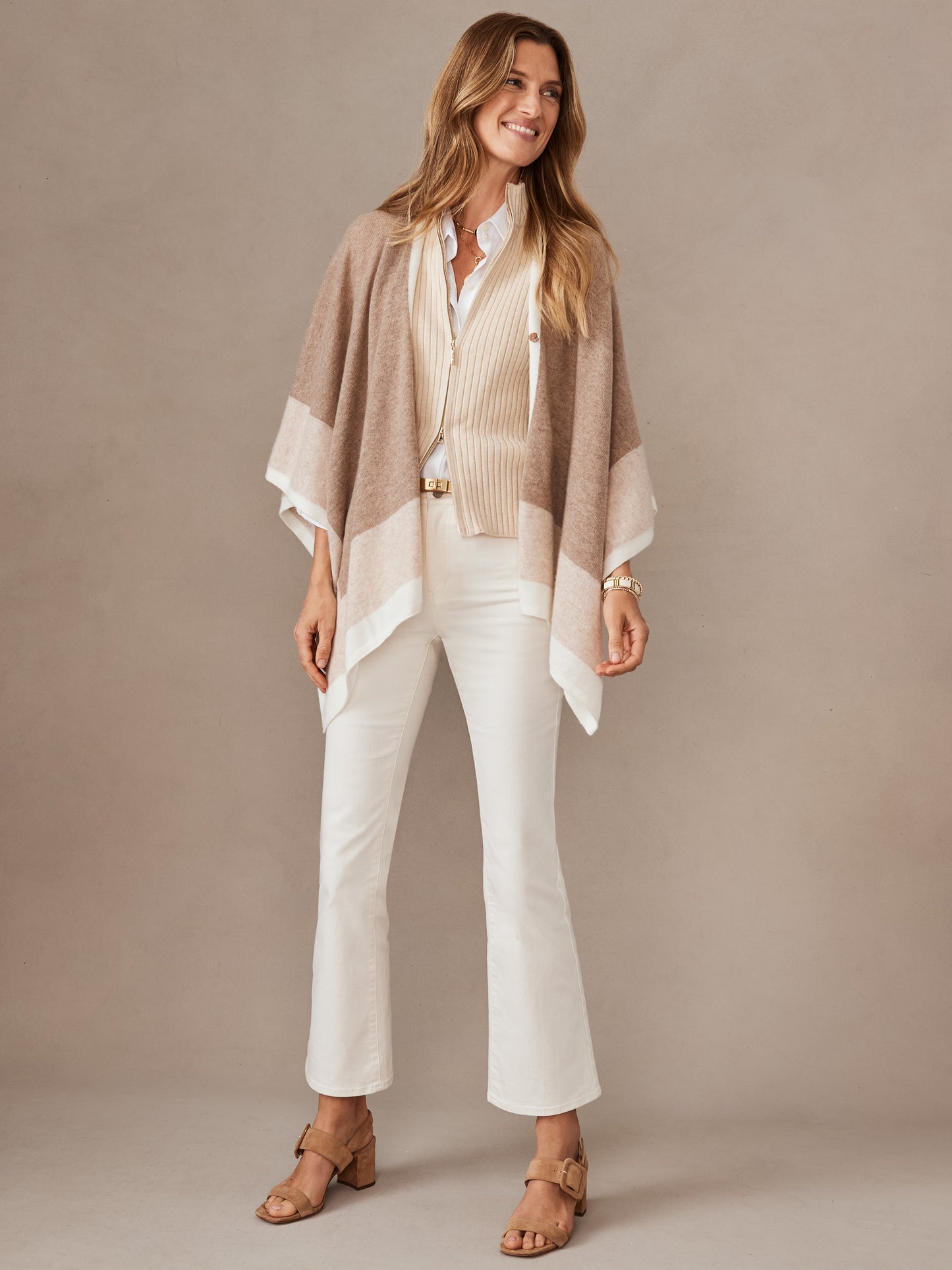 J.McLaughlin Naomi wrap in heather oatmeal/brown made with cashmere.