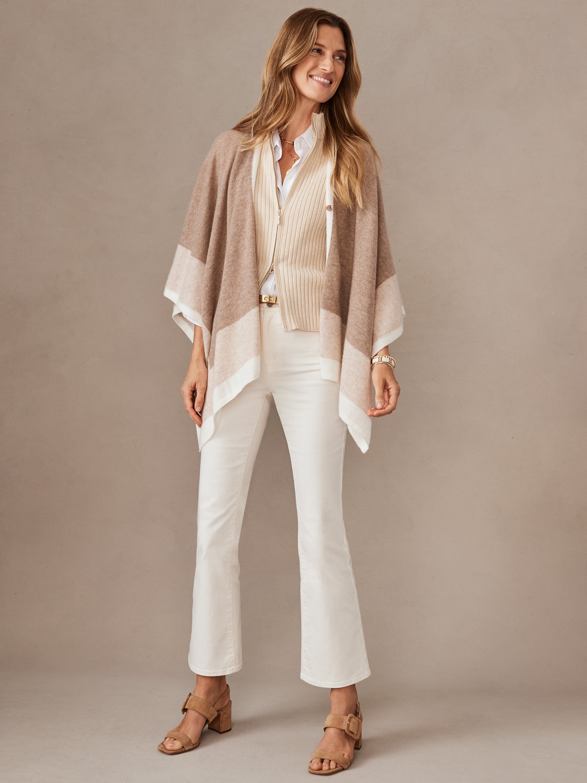 J.McLaughlin Naomi wrap in heather oatmeal/brown made with cashmere.