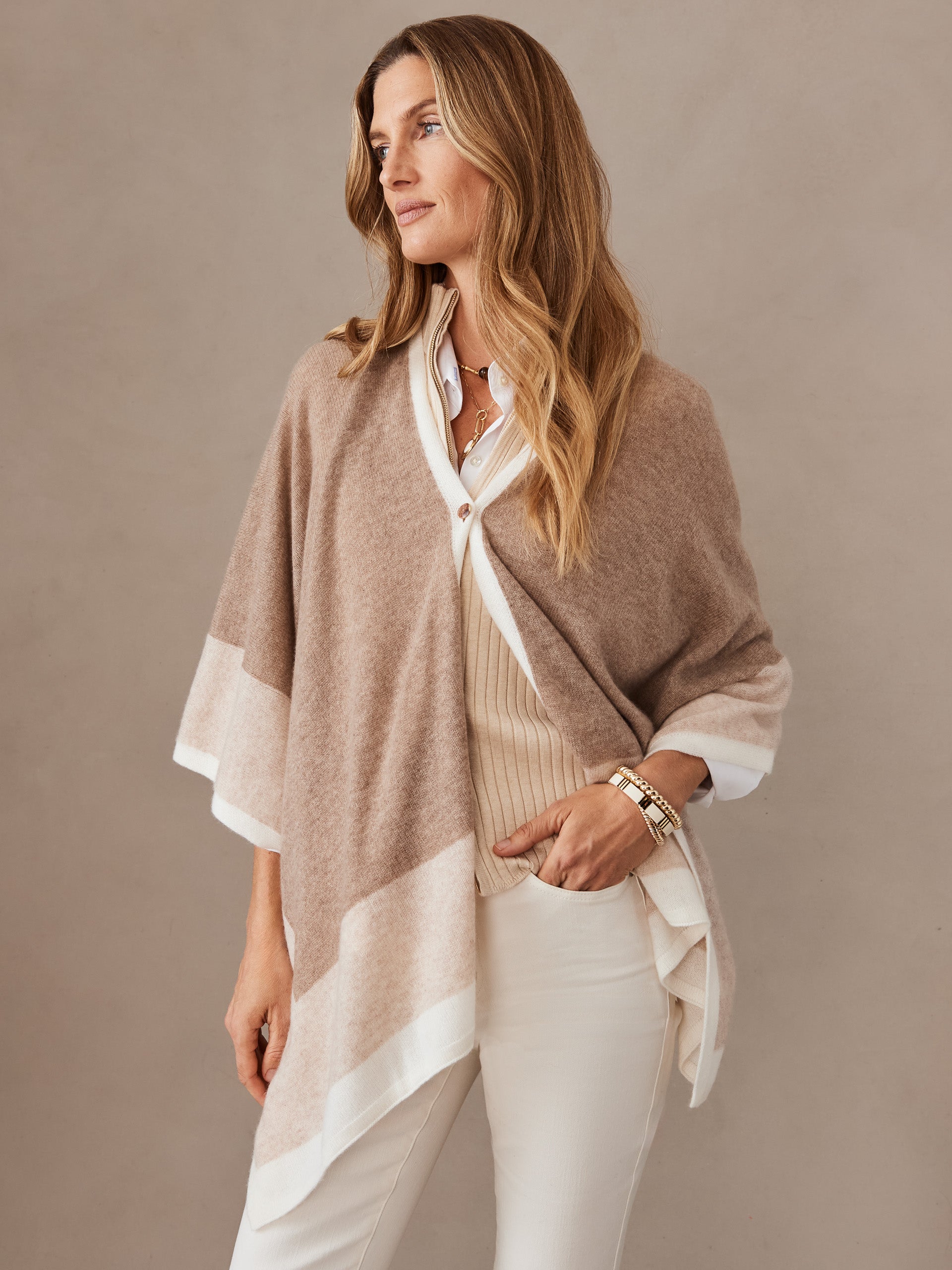 J.McLaughlin Naomi wrap in heather oatmeal/brown made with cashmere.