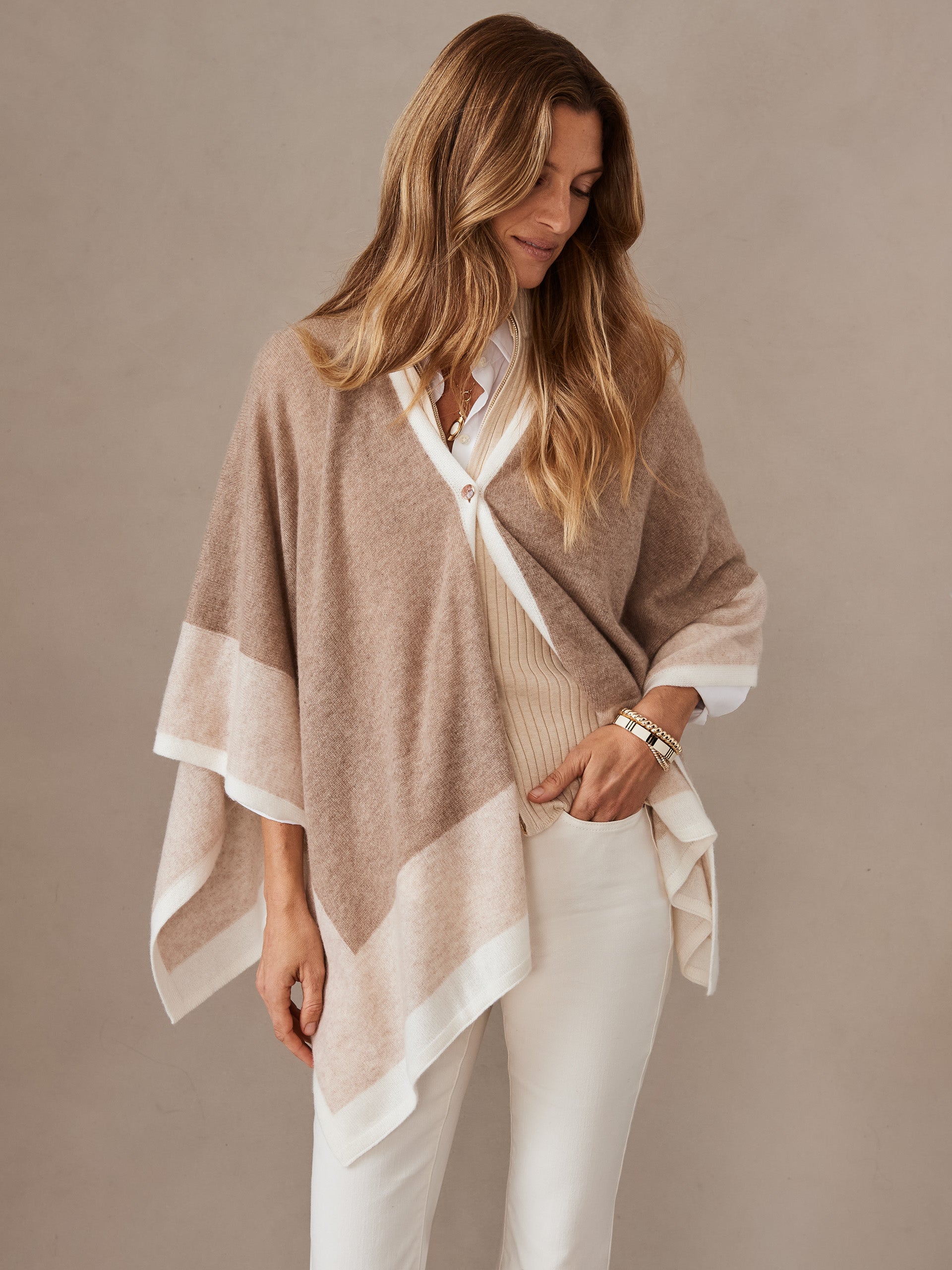 J.McLaughlin Naomi wrap in heather oatmeal/brown made with cashmere.