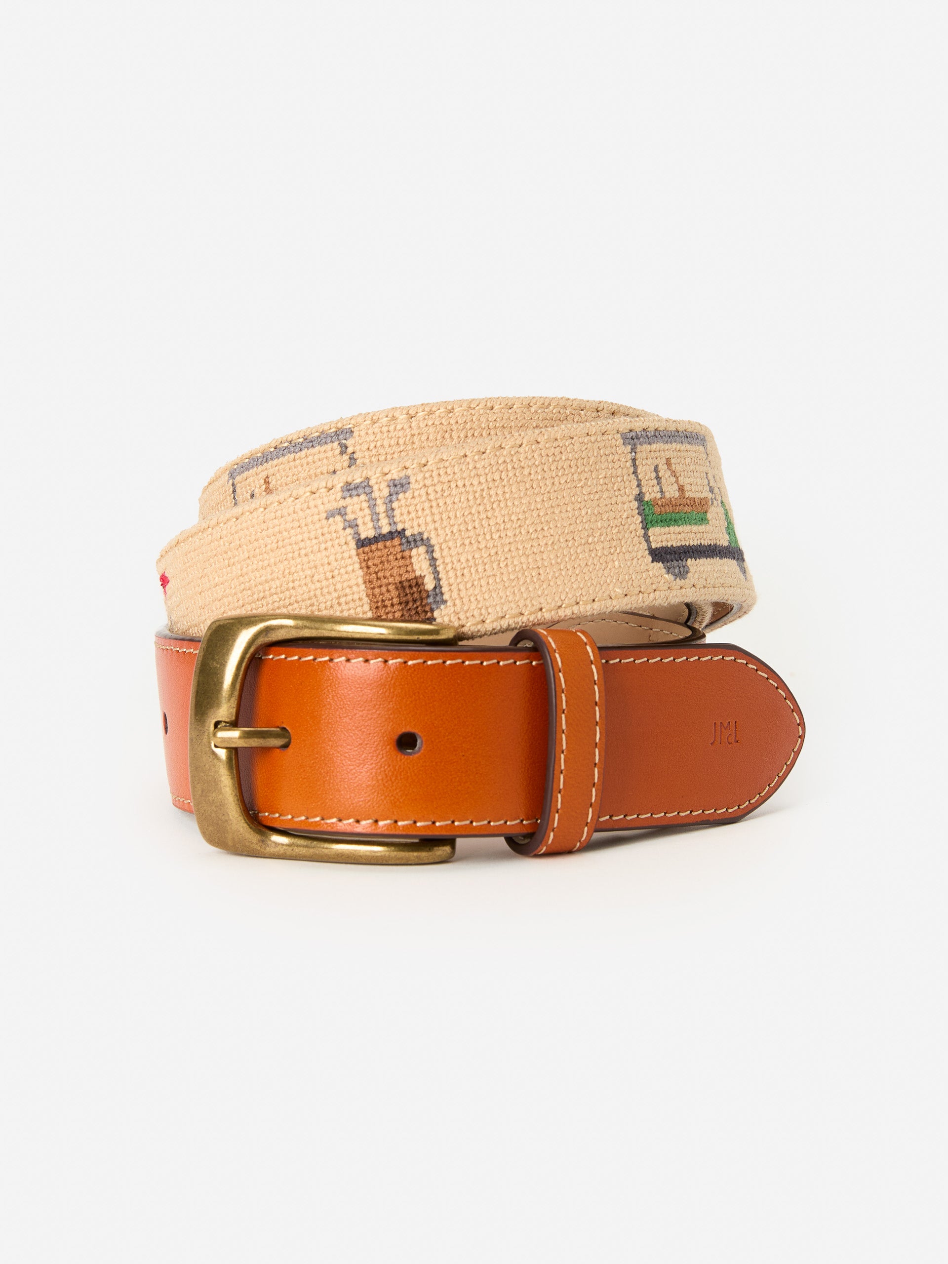 J.McLaughlin Needlepoint Belt in Golf in khaki made with cotton.