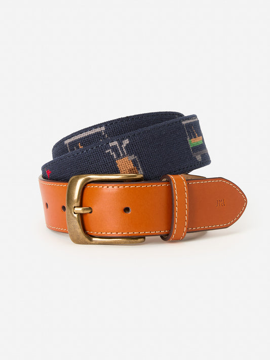 Men's needlepoint belt in navy made with cotton.